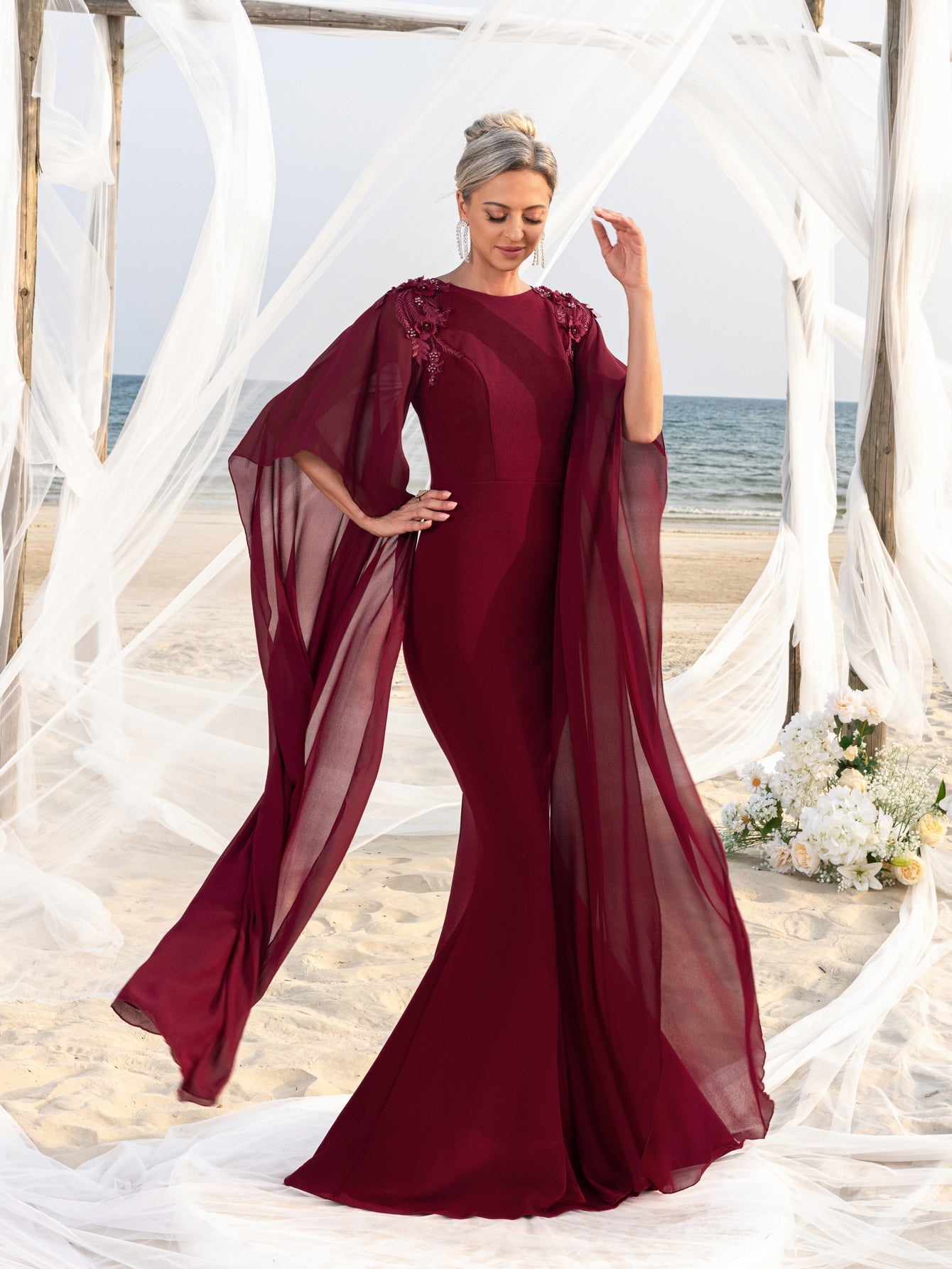 Womens' Mermaid Silhouette Formal Dress with Flared Chiffon Sleeves & Floral Appliqué Detailing