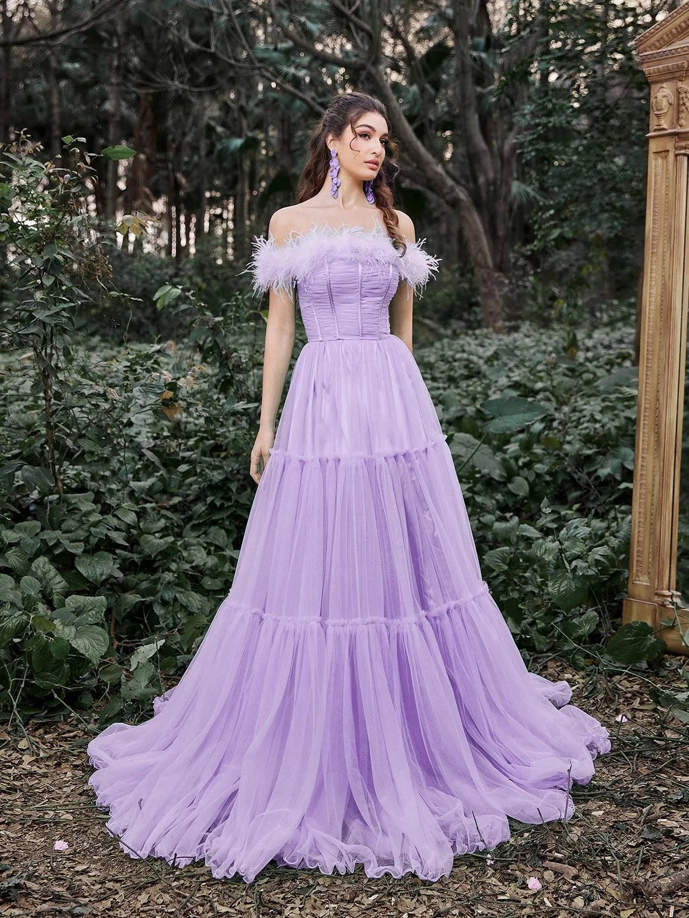 off the shoulder feather trim dress Off-Shoulder Gown with Feather Accents and High Slit 36375