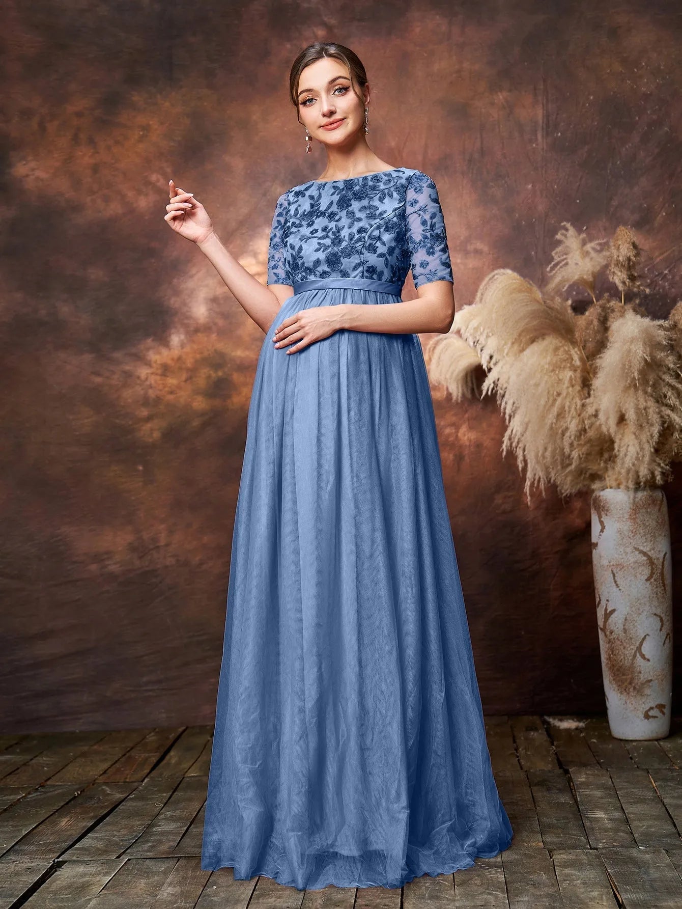 maternity evening dresses & formal gowns Maternity Floral Sequin Embroidered Bodice Formal Party Dress Blue Ashes / XXL