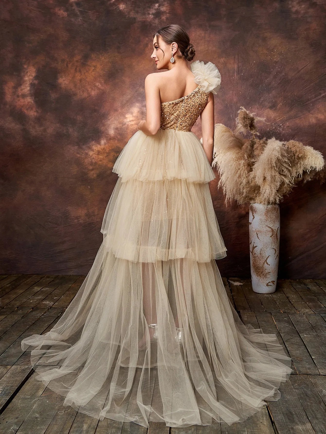 Maternity One Shoulder Tulle Overlay Sequin Party Dress Champagne / XL Maternity One Shoulder Tulle Overlay Sequin Party Dress Champagne / XL