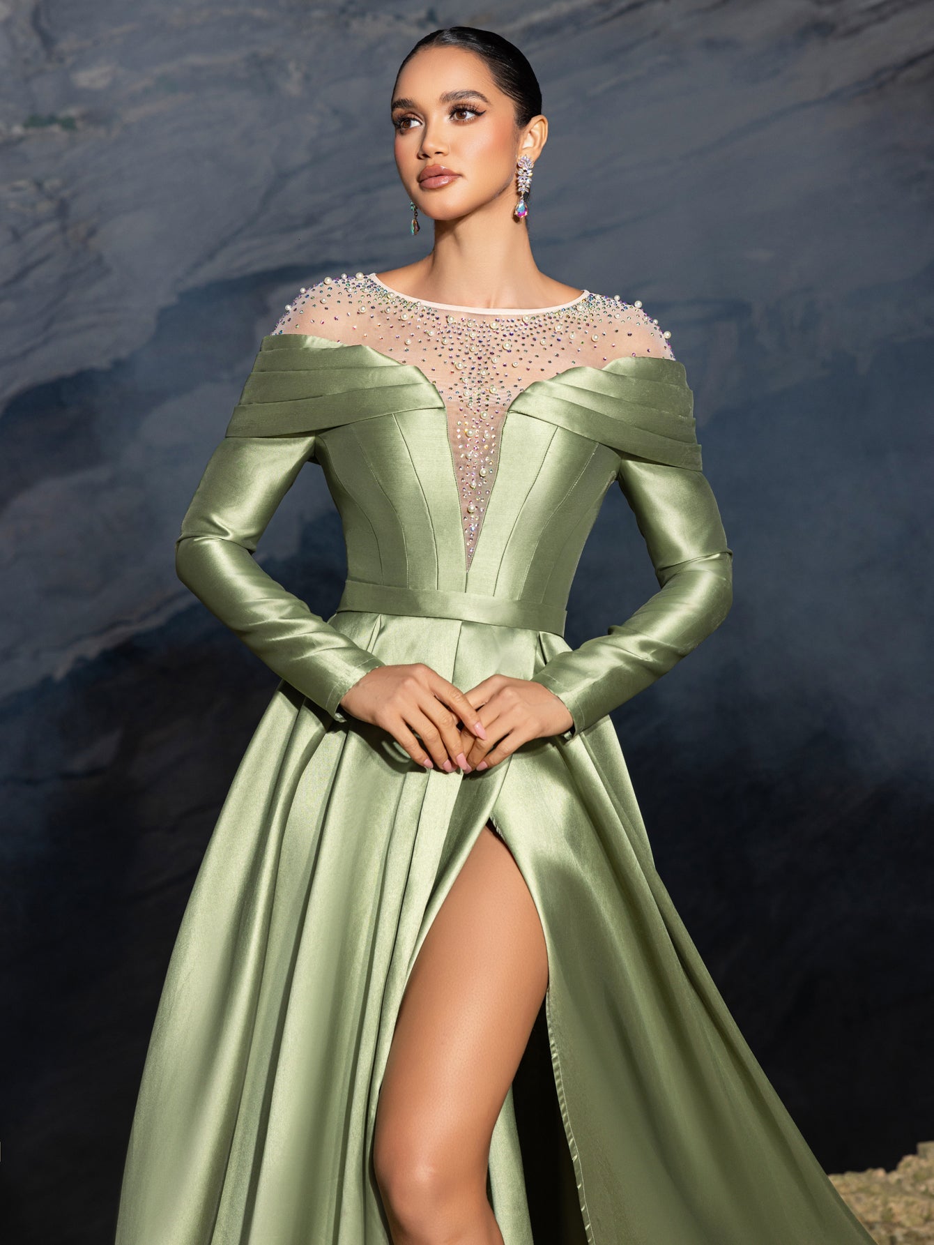 Luxury Beaded Evening Gown with Off-Shoulder Mesh Insert, High Slit Satin Dress for Red Carpet & Gala Events