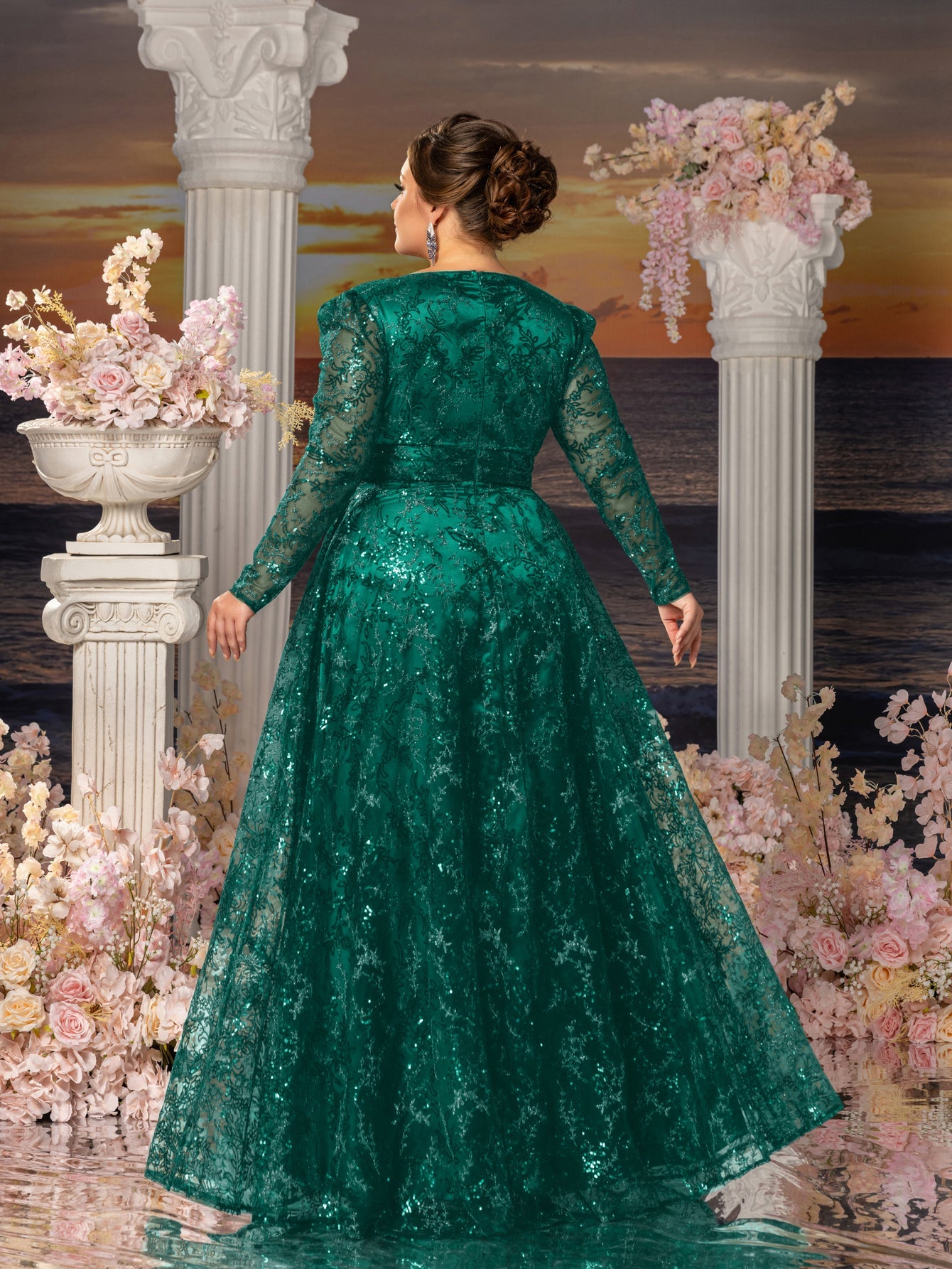 Plus Womens' Elegant Lace & Sequin Evening Gown - V-Neck Long Sleeve Design with Cinched Waist & Flowing A-Line Skirt for Coastal Weddings, Luxury Evening Events