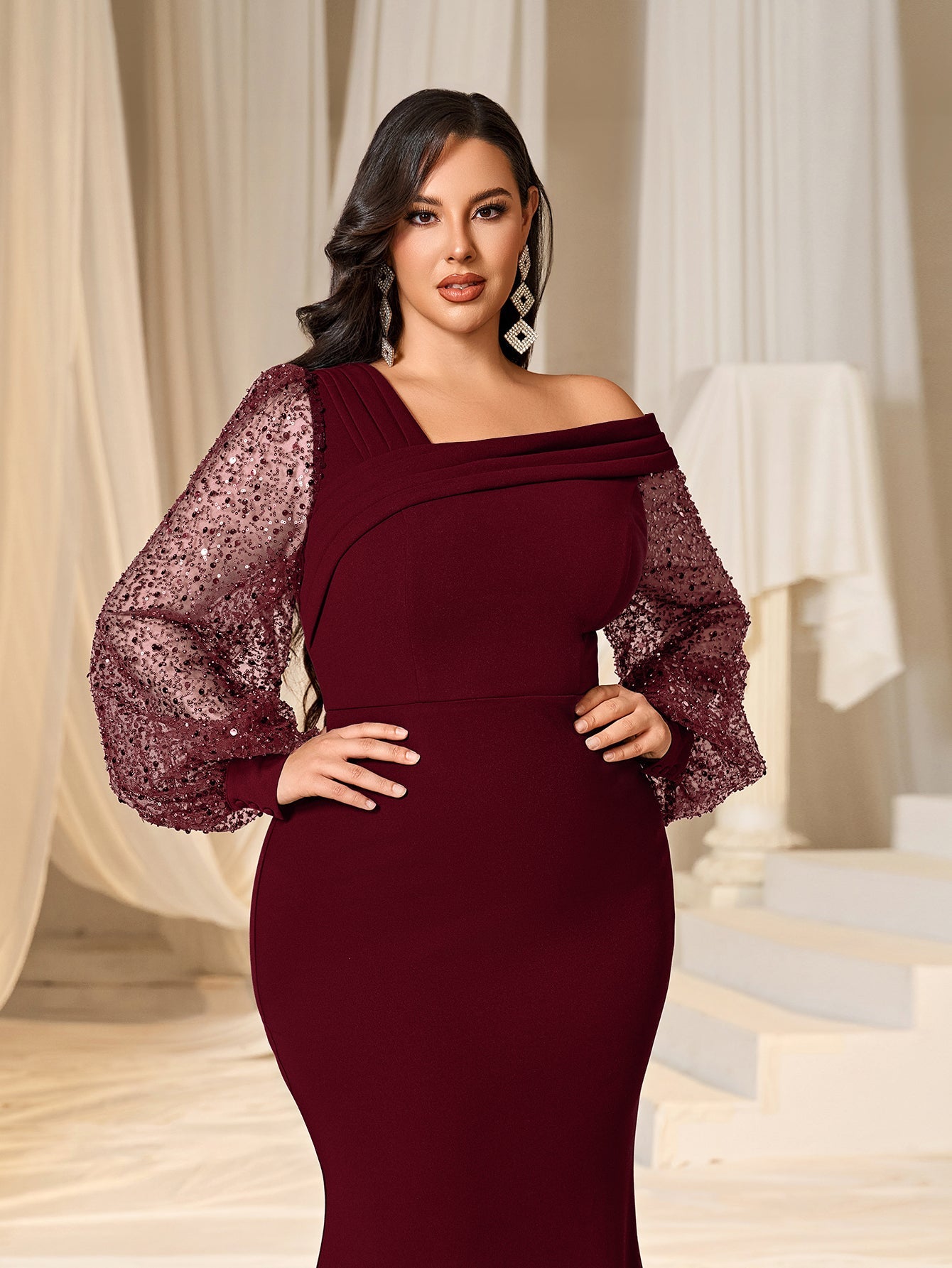 Plus Asymmetrical Neck Lantern Sleeves Formal Mermaid Dress Dark Green / 1XL Plus Asymmetrical Neck Lantern Sleeves Formal Mermaid Dress Dark Green / 1XL