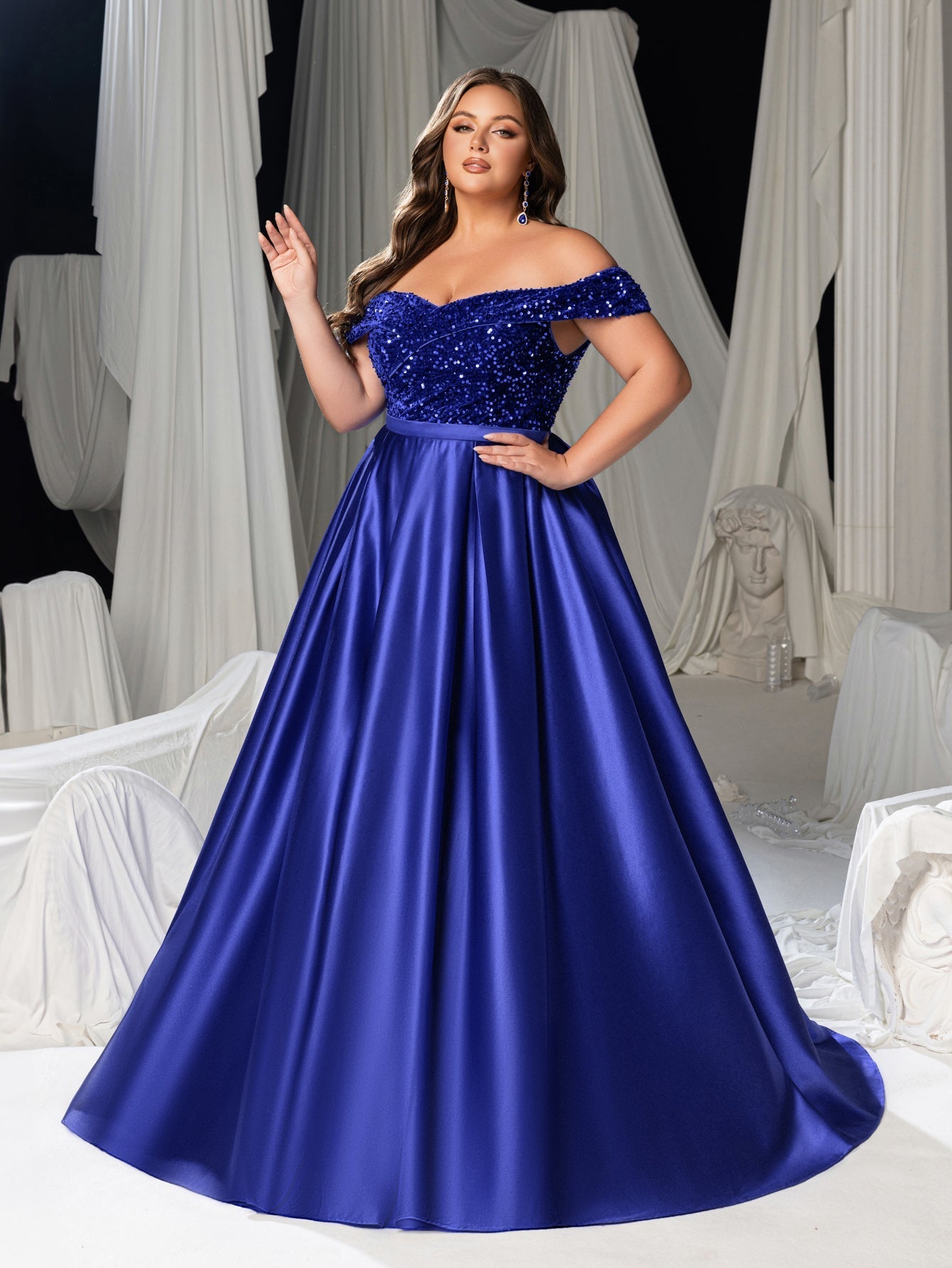Plus Size Off-Shoulder Sequin Evening Gown - Formal Dress with Voluminous Satin Skirt