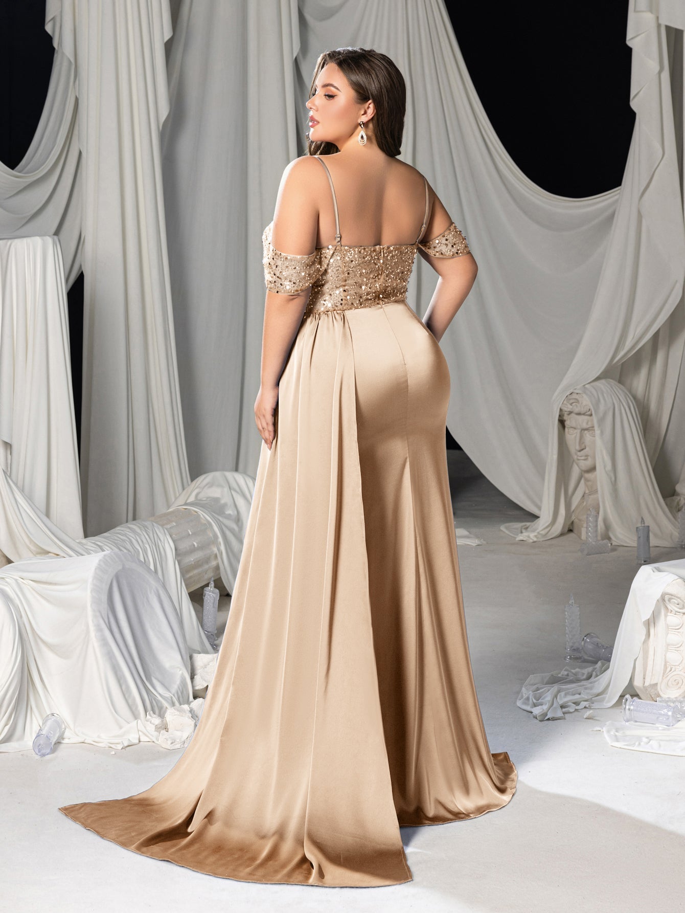 Plus Sequined & Beaded Off-Shoulder Mermaid Gown with Satin Floor-Length Train & High Slit