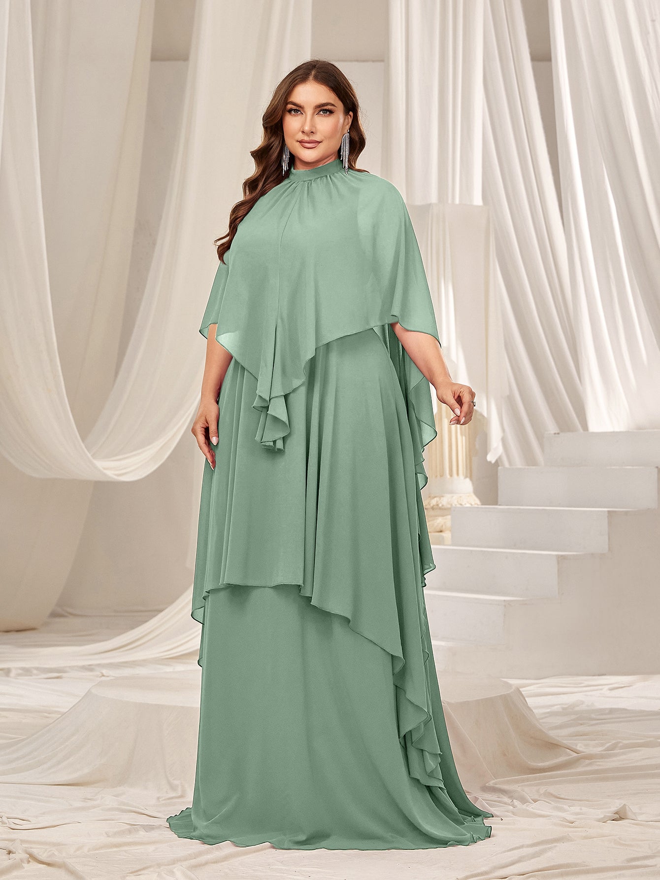 Plus Mock Neck Layered Hem Chiffon Dress