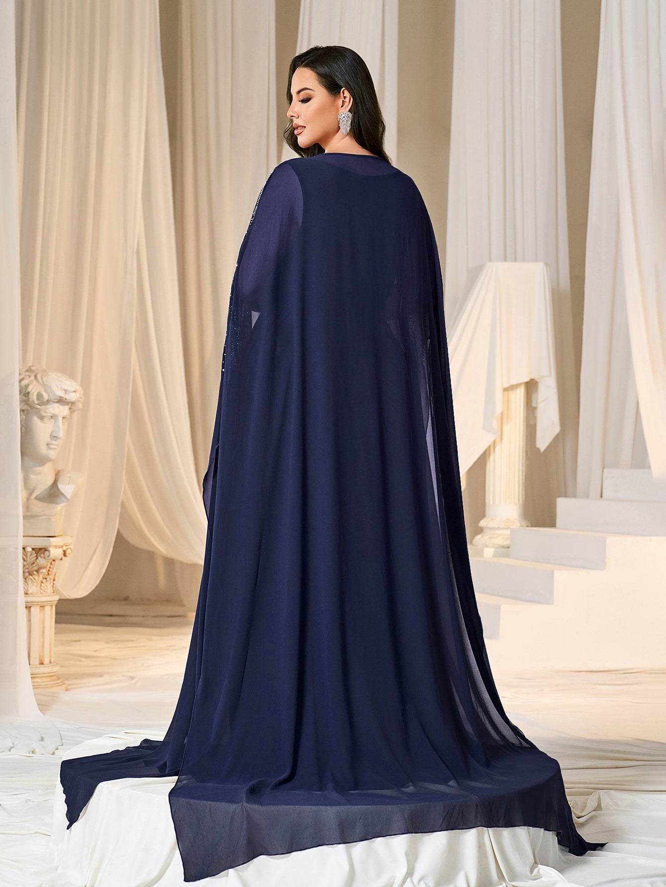 Rhinestone Cape Sleeves & A-Line Skirt with Cathedral Train