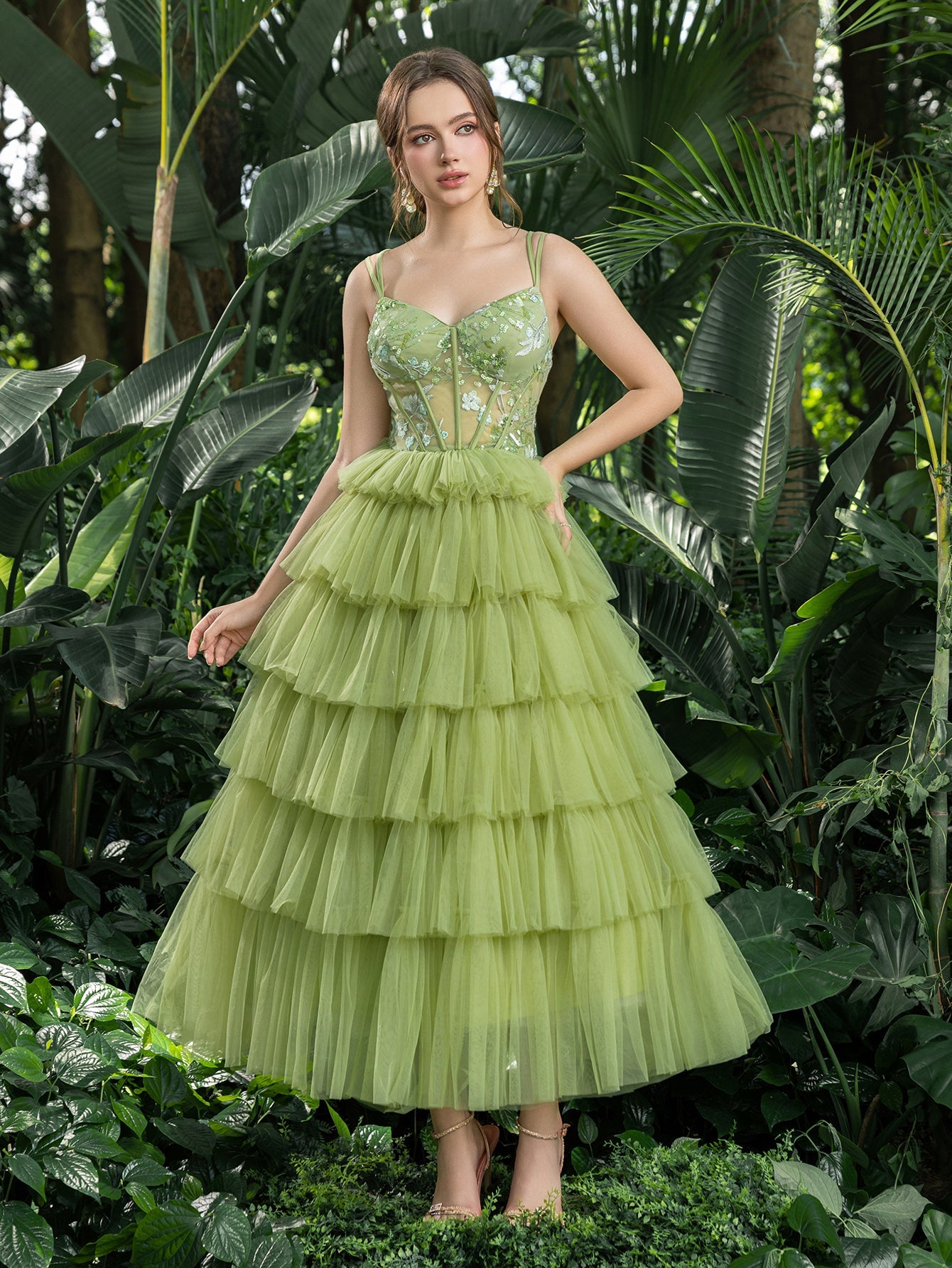 Midi Elegant Tulle Party Dress with Floral Embroidery & Tiered Ruffles – Playful Elegance for Garden Parties, Summer Galas & Cocktail Events