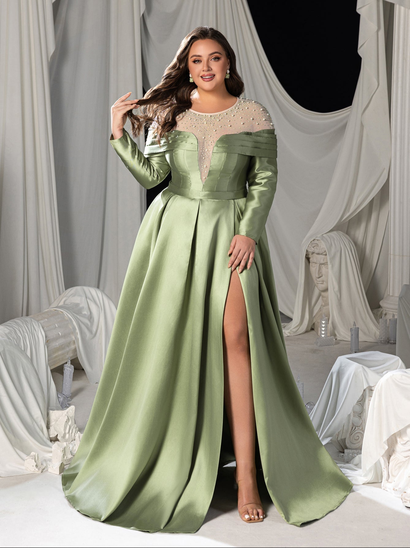 Plus Luxury Beaded Evening Gown with Off-Shoulder Mesh Insert, High Slit Satin Dress for Red Carpet & Gala Events