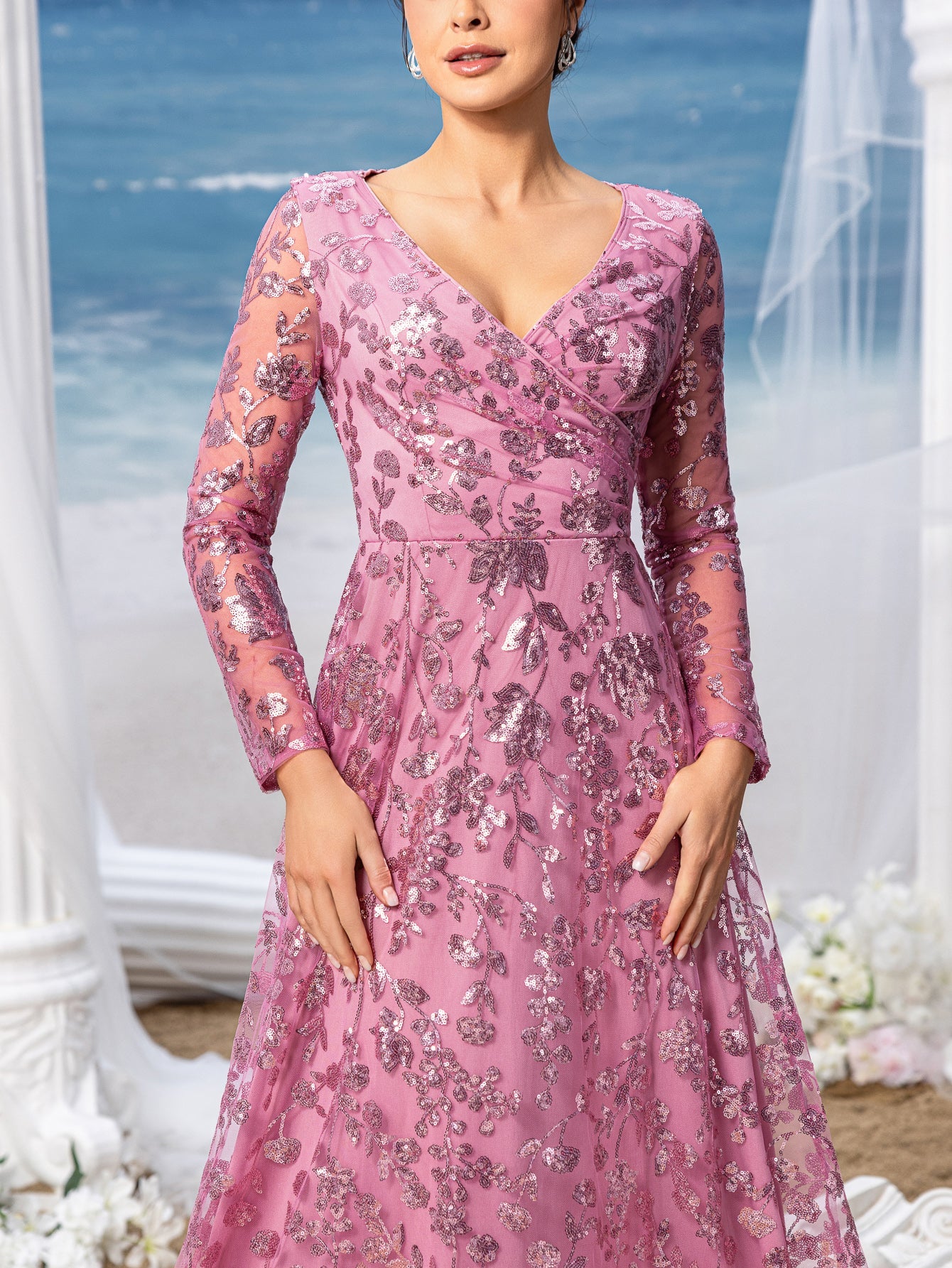 Womens' Elegant V-Neck Evening Gown with Delicate Lace & Silver Embroidery – Long Flowing Skirt for Seaside Weddings & Romantic Beach Events