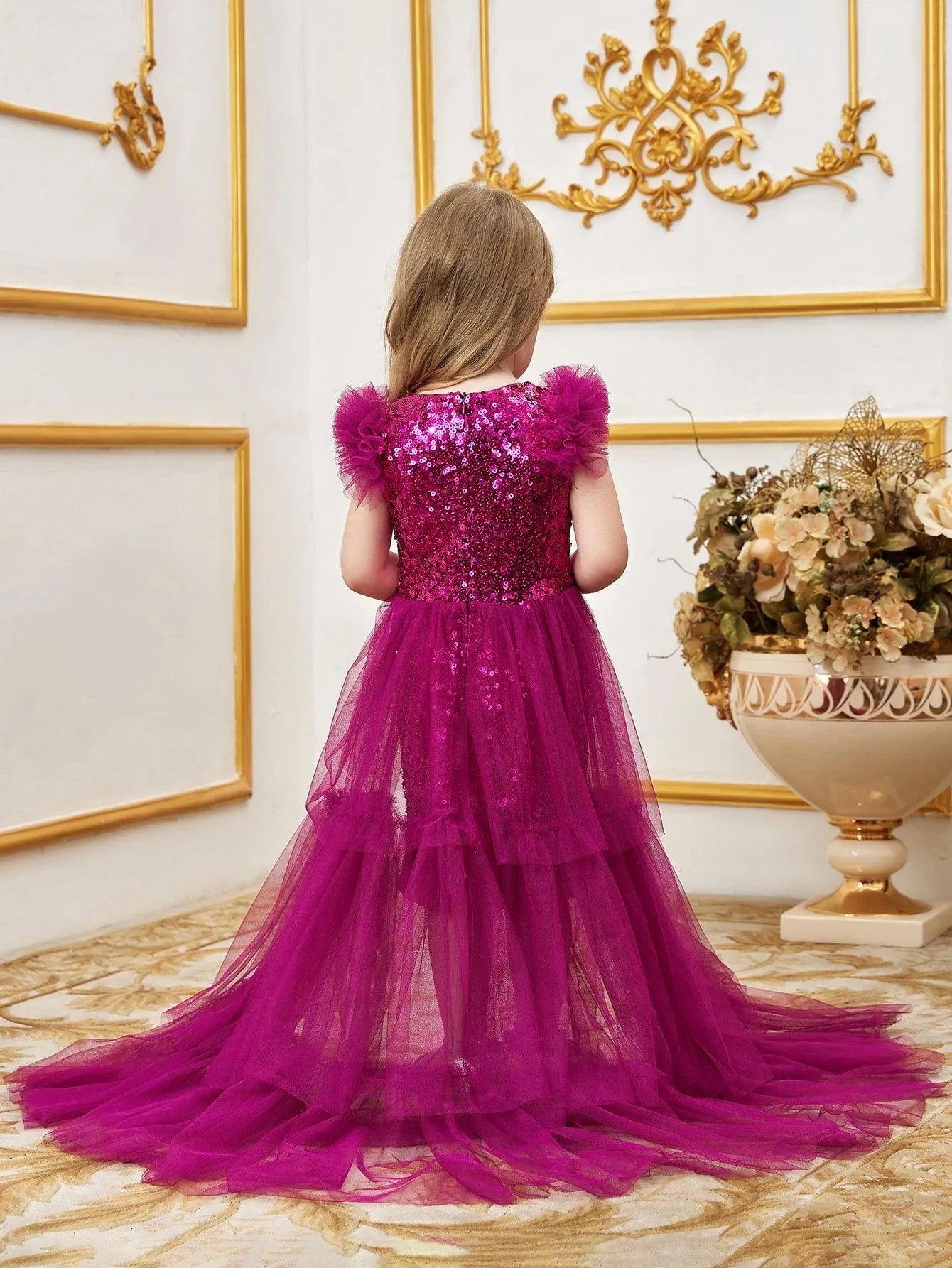 Young Girls' Sleeveless Mesh Layered Hem Sequin Party Dress, Hot Pink / 6Y