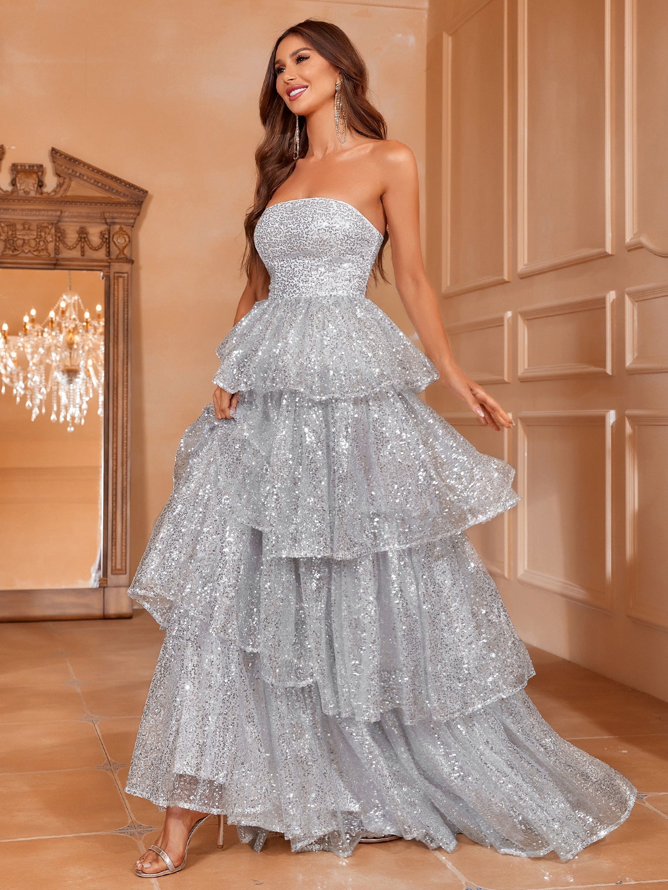 Elegant Layered Hem Sequin Tube Dress