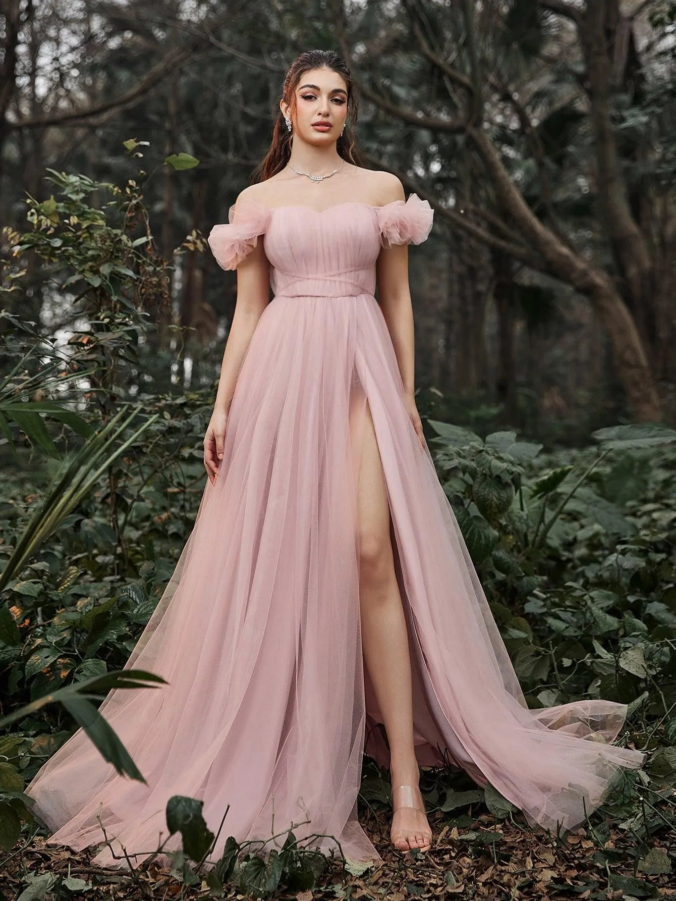 Elegant Off Shoulder Ruched Bust Split Thigh Tulle Evening Dress Pink / M Elegant Off Shoulder Ruched Bust Split Thigh Tulle Evening Dress Pink / M
