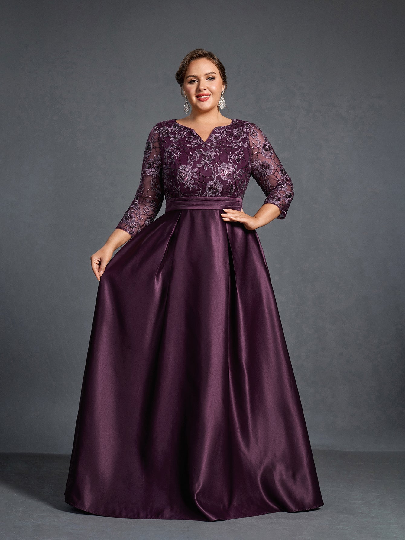 Plus Womens' Evening Gown: Allover Sequin-Embroidered Bodice & Satin A-Line Skirt – Elegant Formal Dress for Black-Tie Events