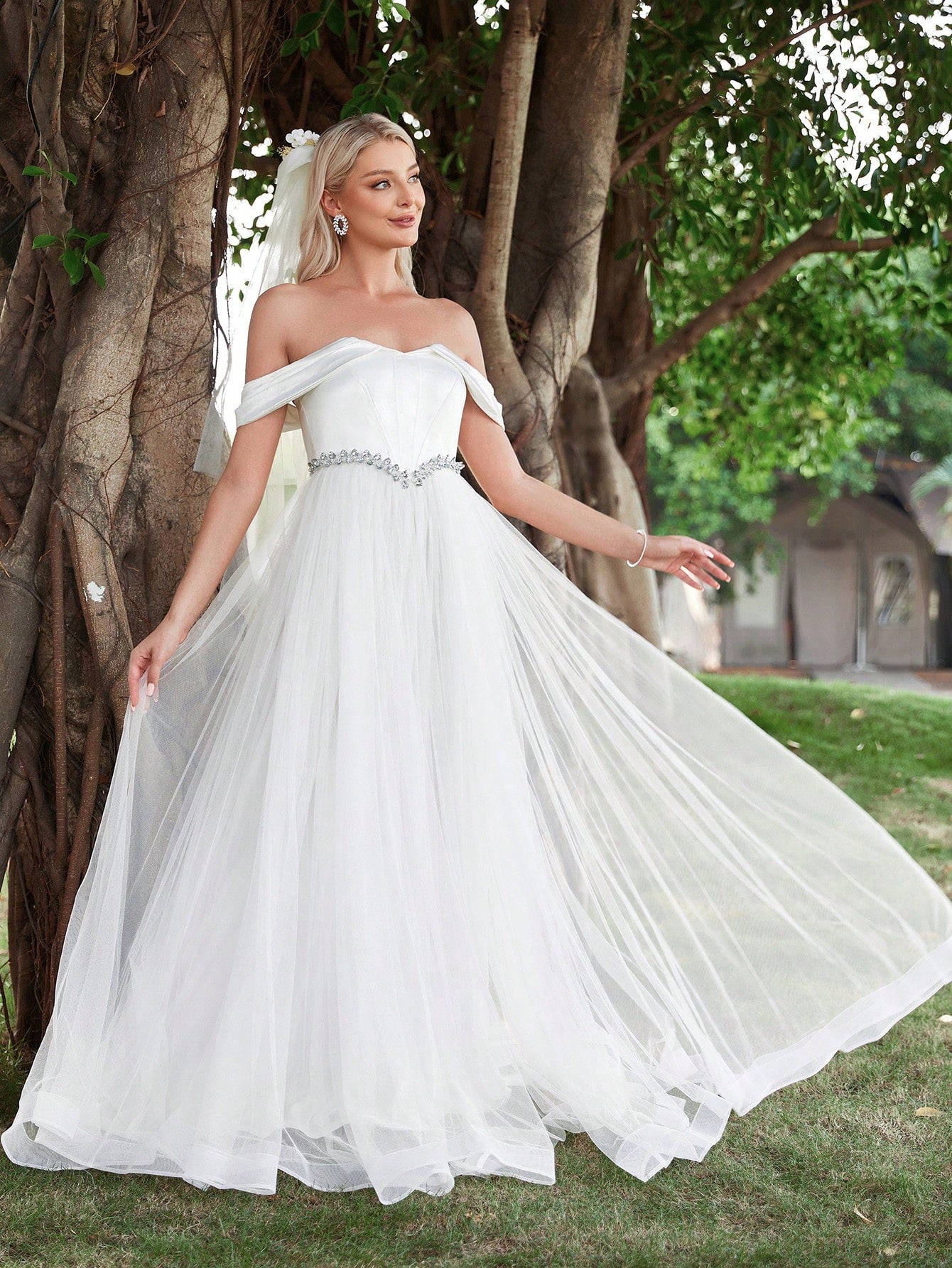 Rhinestone Detail Off Shoulder Satin Bodice Contrast Mesh Hem Wedding Dress