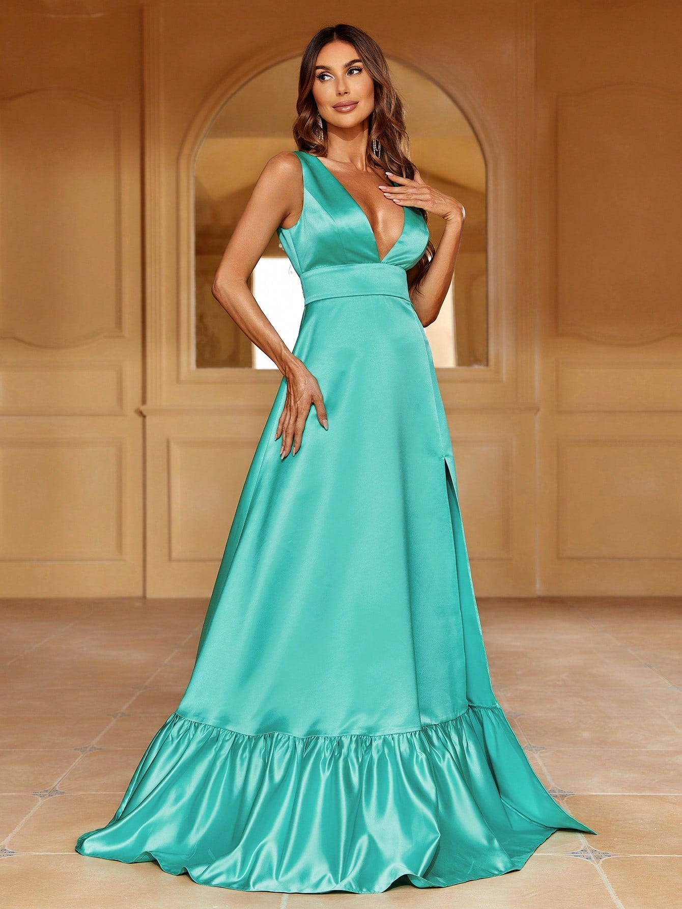 Plunging Neck Sleeveless Ruffle Hem A Line Gown