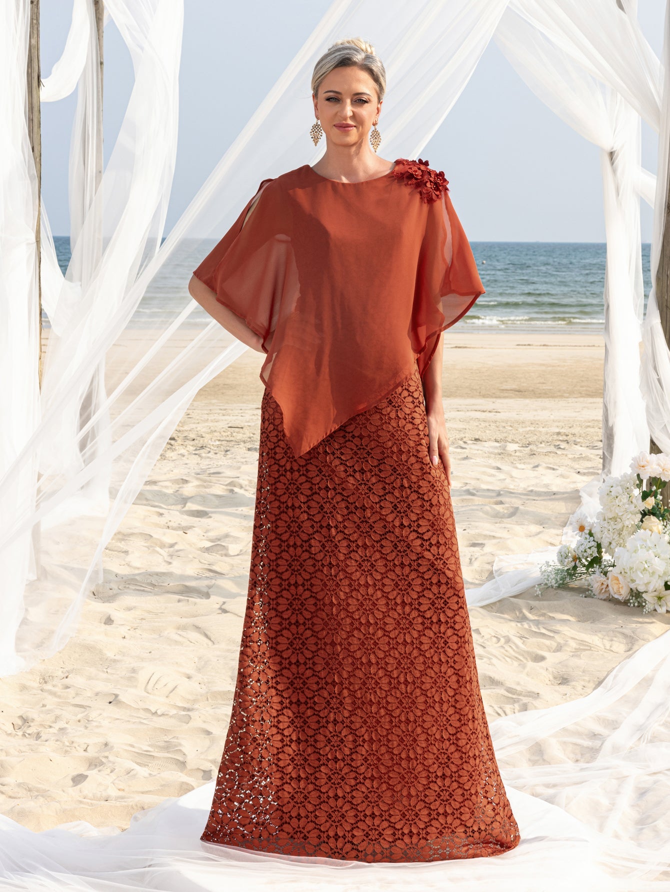 Womens' Elegant Cape-Style Evening Gown with 3D Floral Appliqués on One Shoulder, Intricate Lace Maxi Skirt & Back Zipper Closure for Outdoor Ceremonies, Formal Garden Parties & Upscale Evening Events