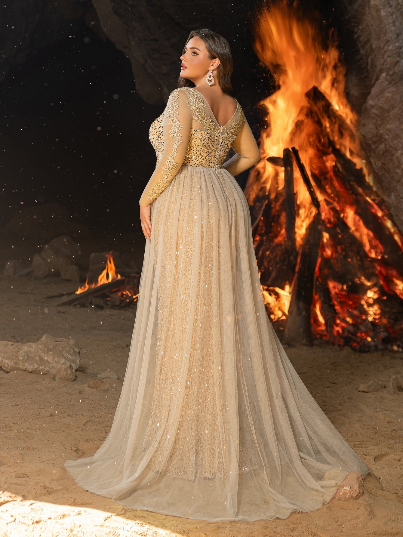 Plus Gorgeous Sequin Mermaid Evening Gown - Illusion Neckline Formal Dress with Long Lace Sleeves & Train