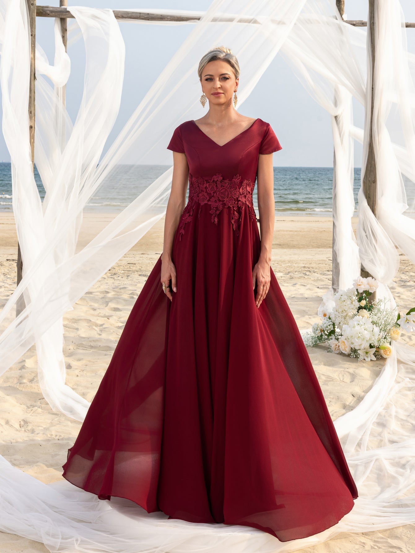 Womens' Elegant Chiffon Evening Gown with V-Neck & Short Sleeves – Intricate Lace Floral Appliqués on Bodice, Floor-Length Flowing Skirt for Outdoor Ceremonies, Formal Garden Parties & Upscale Evening Events