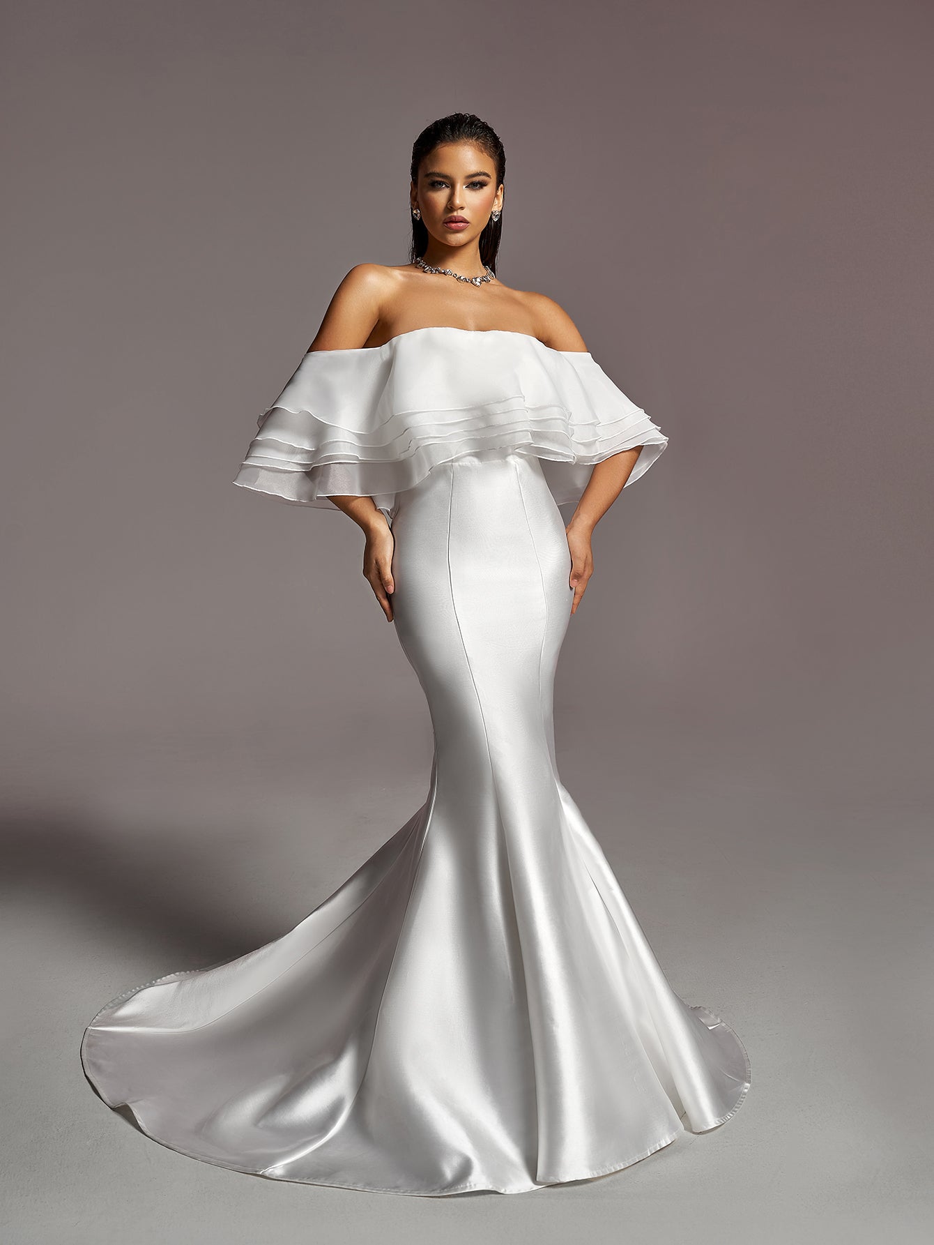 Gorgeous Layered Ruffle Off Shoulder Mermaid Hem Maxi Satin Wedding D White / XS Gorgeous Layered Ruffle Off Shoulder Mermaid Hem Maxi Satin Wedding D White / XS