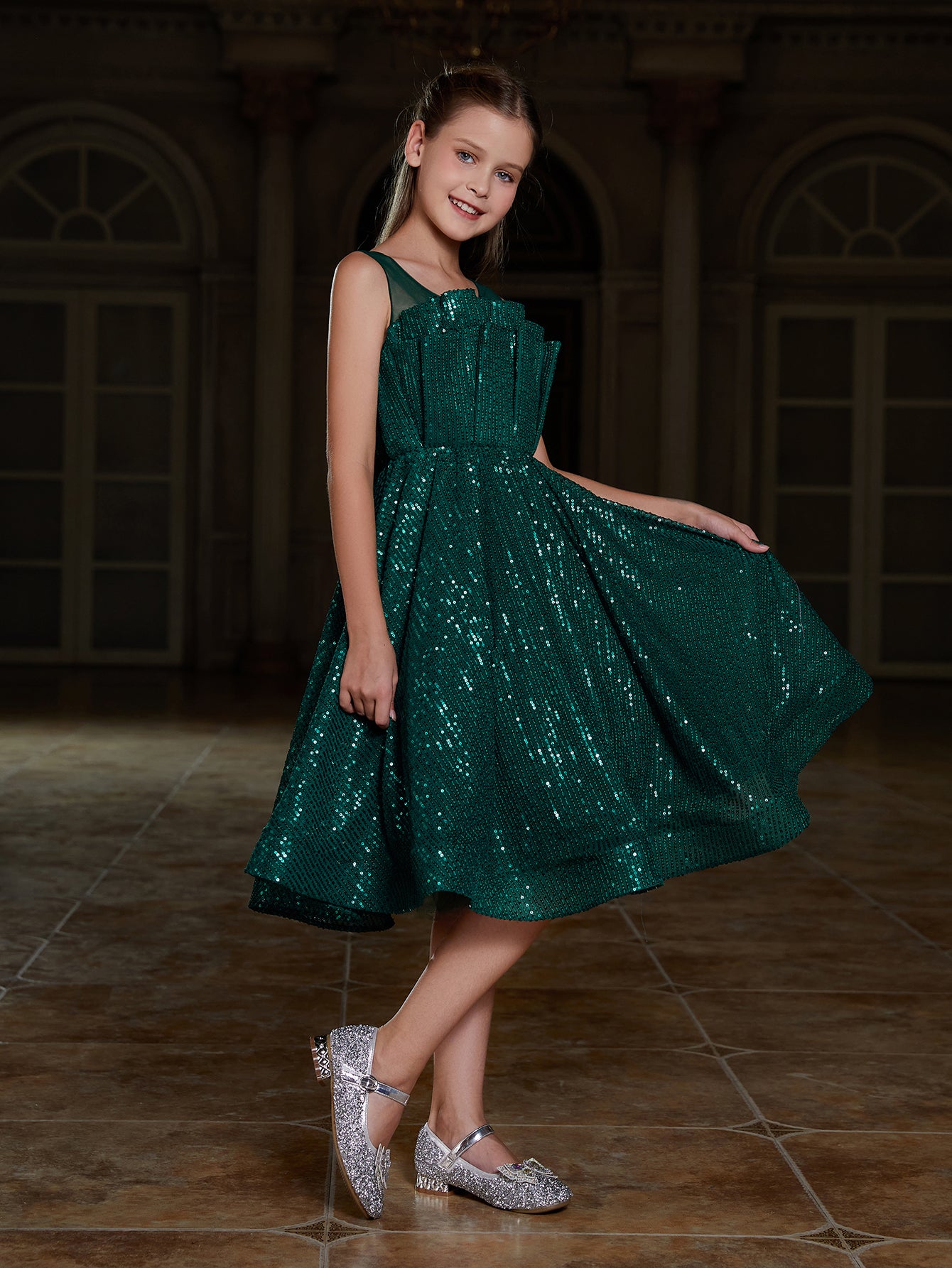 Girl's Pleated Front Sleeveless Sequin Party Dresses
