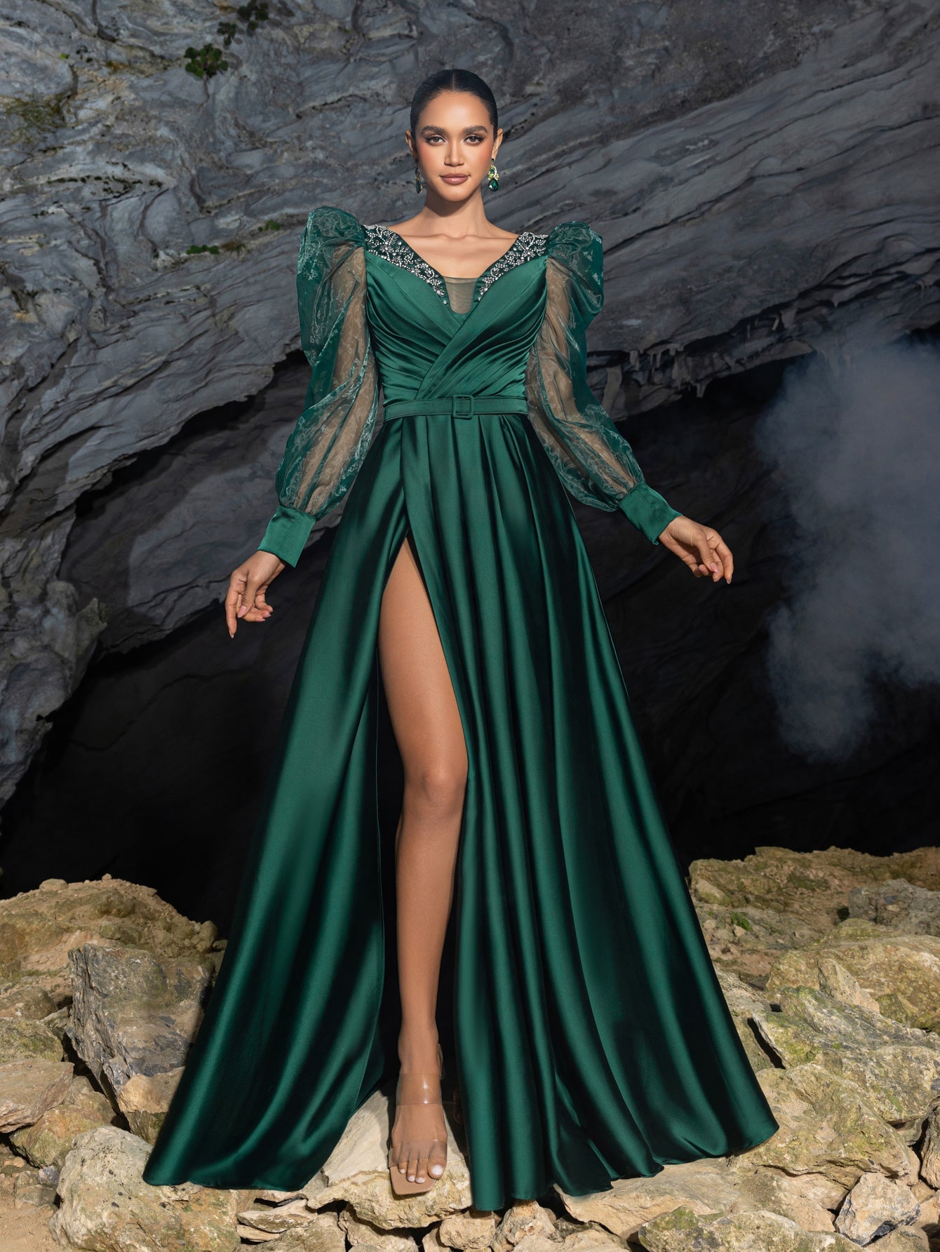 Elegant Satin A-line Evening Gown with V-Neck, Tulle Puff Sleeves and High Slit