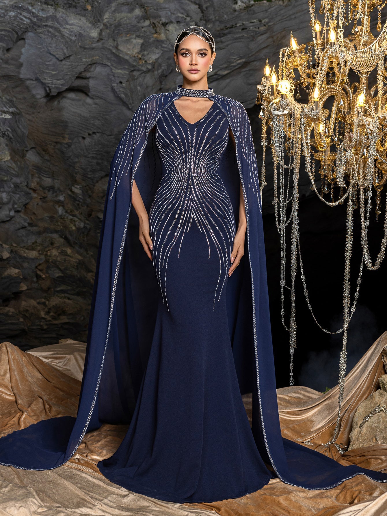 Deep V-Neck Mermaid Dress & Opera Length Rhinestone Cape