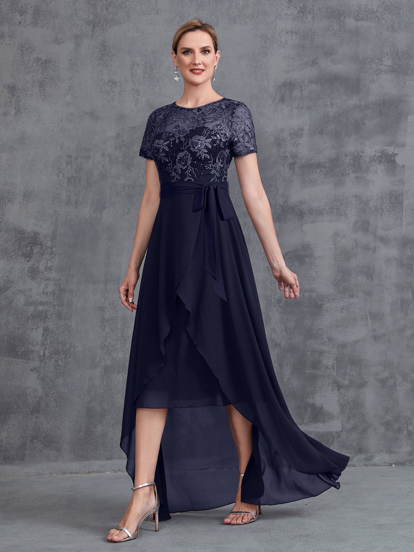 Womens' Elegant Mother-of-the-Bride Gown: Embroidered Sequin Bodice with Asymmetric Chiffon Skirt – Formal Dress for Beach Weddings & Evening Galas