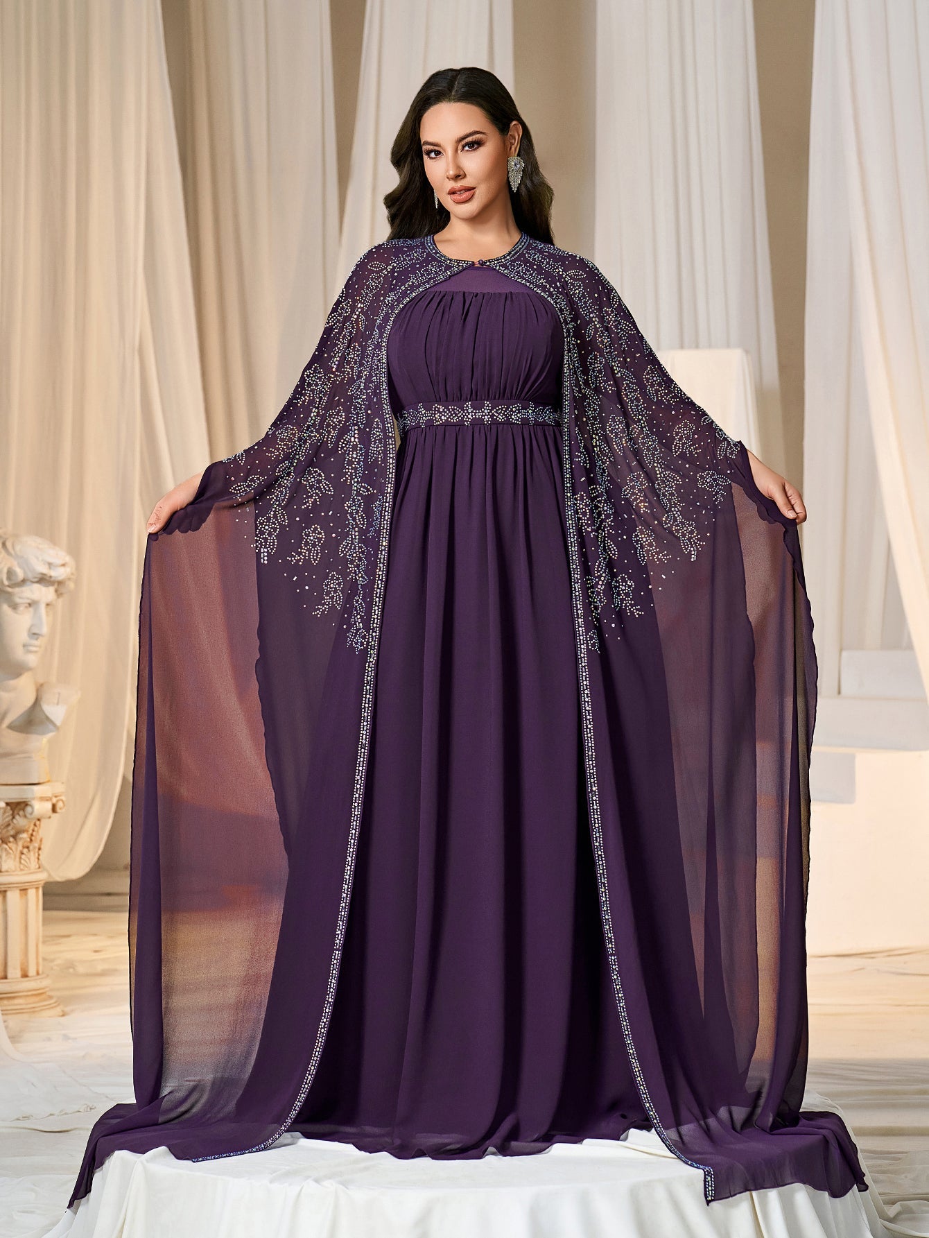 Rhinestone Cape Sleeves & A-Line Skirt with Cathedral Train