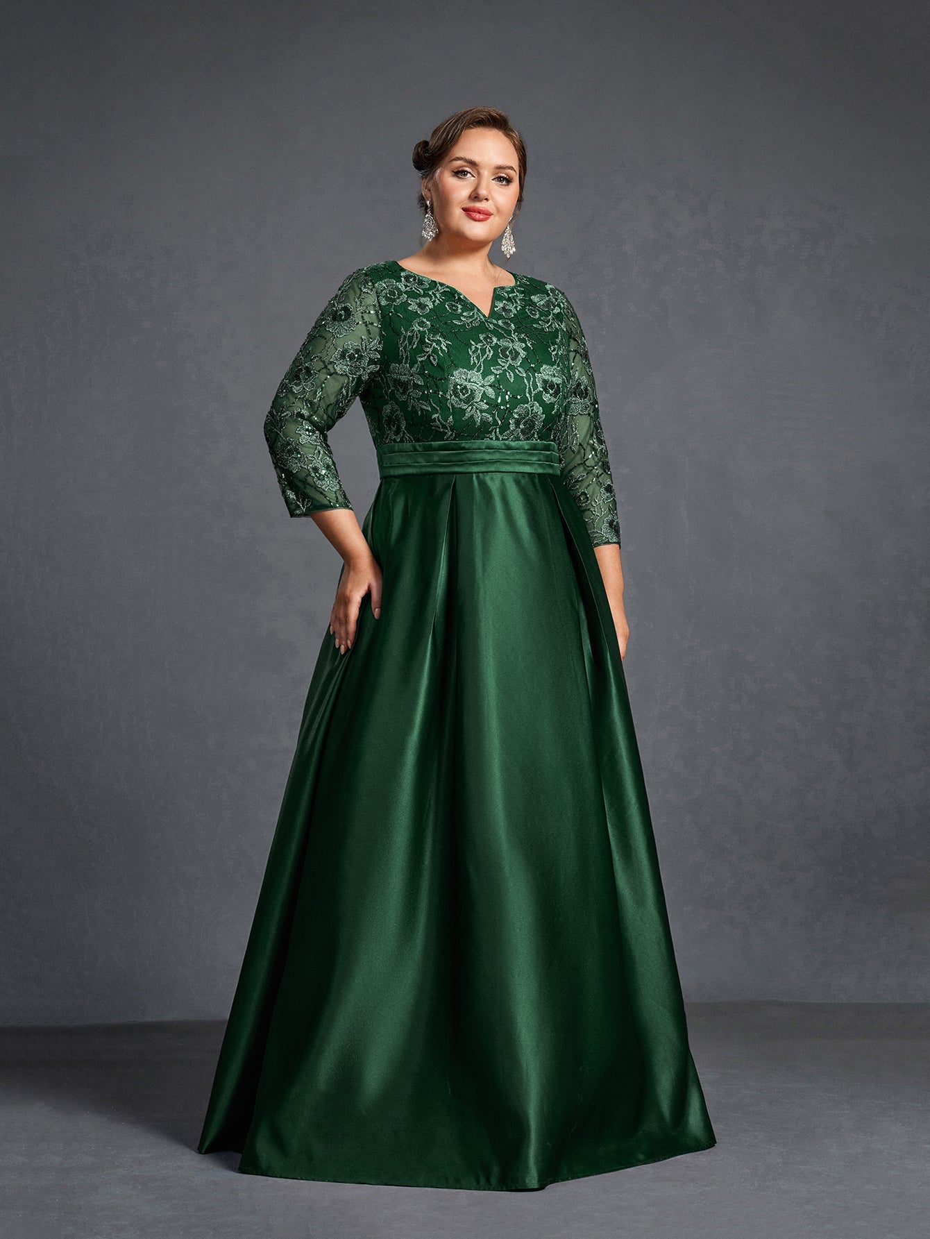 Plus Womens' Evening Gown: Allover Sequin-Embroidered Bodice & Satin A-Line Skirt – Elegant Formal Dress for Black-Tie Events