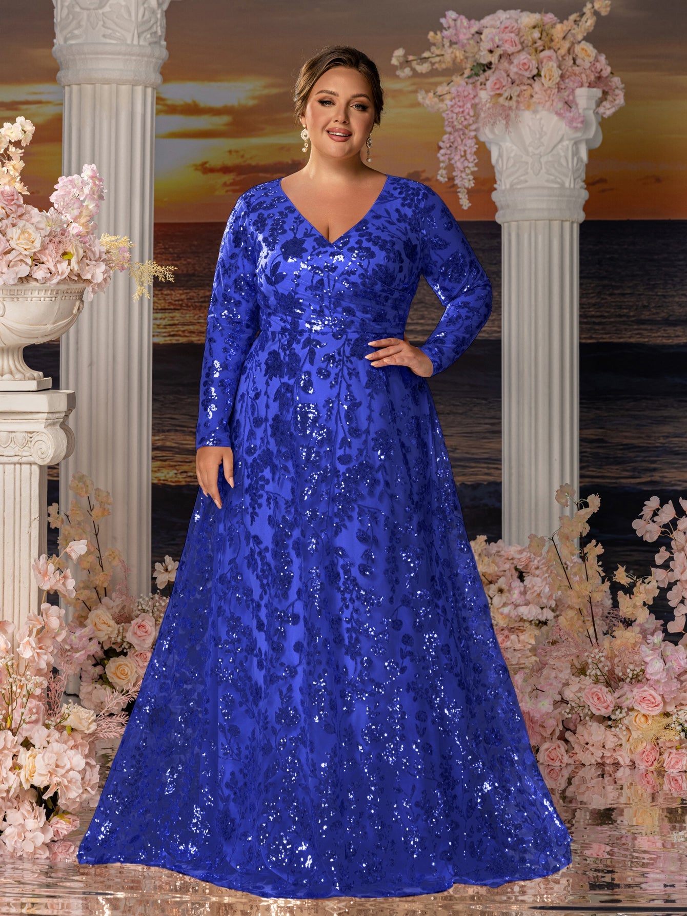 Plus Womens' Elegant V-Neck Evening Gown with Delicate Lace & Silver Embroidery – Long Flowing Skirt for Seaside Weddings & Romantic Beach Events