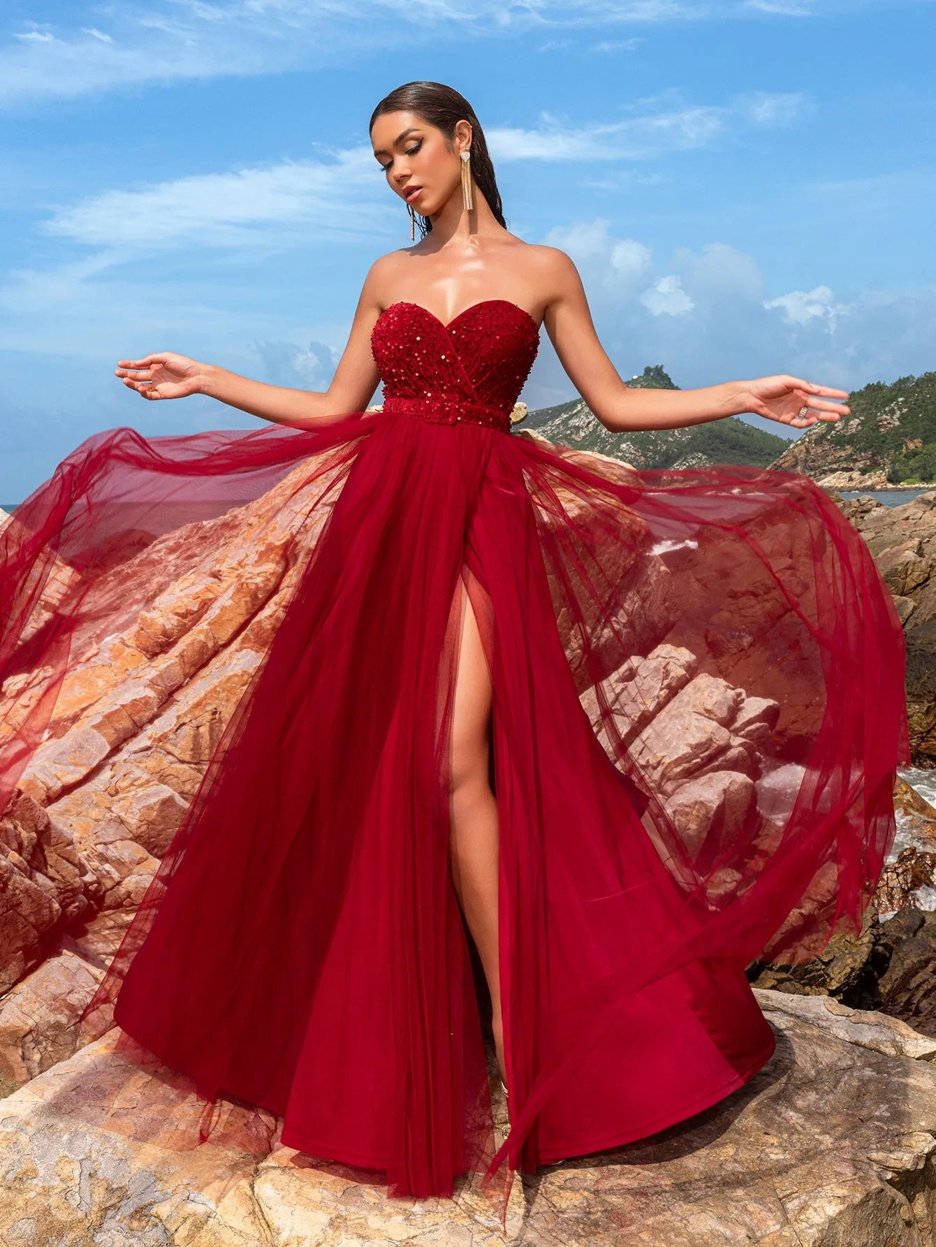 Elegant Strapless Split Thigh A-line Formal Evening Dress Faeriesty Elegant Strapless Split Thigh A-line Formal Evening Dress Faeriesty