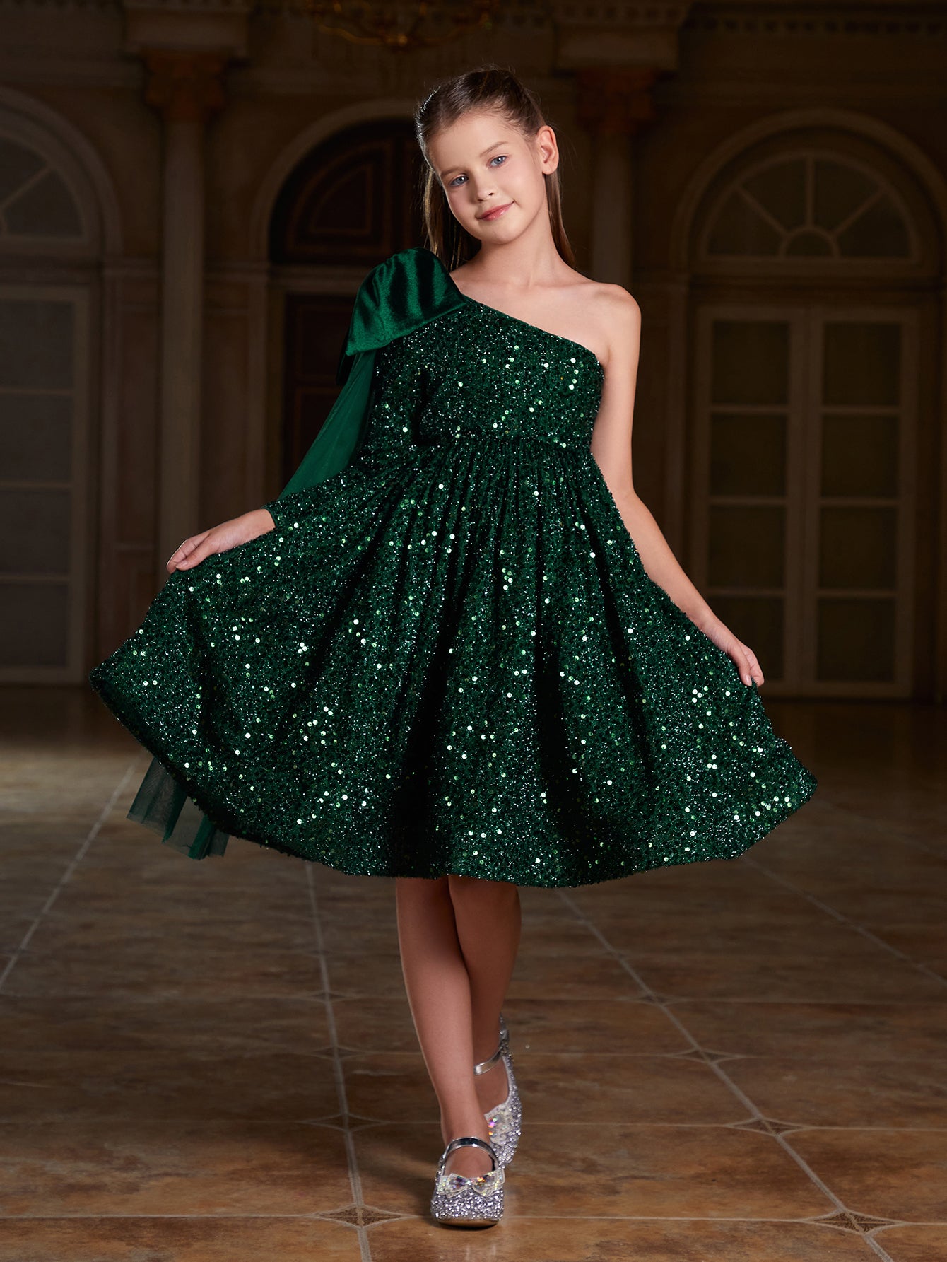 Girl's One Shoulder Bow Detail Sequin Party Dress