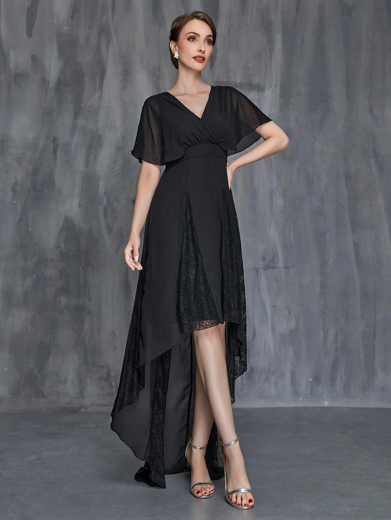chiffon surplice dress La Femme 33043 - Long Metallic Chiffon A-Line Dress