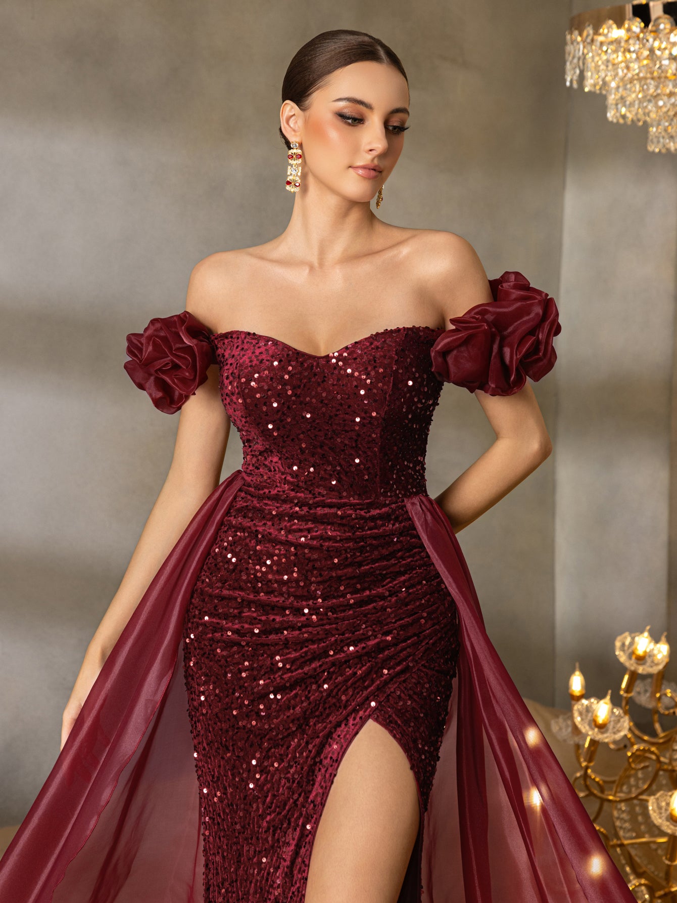 Off Shoulder Split Thigh Sequin Mermaid Formal Dress