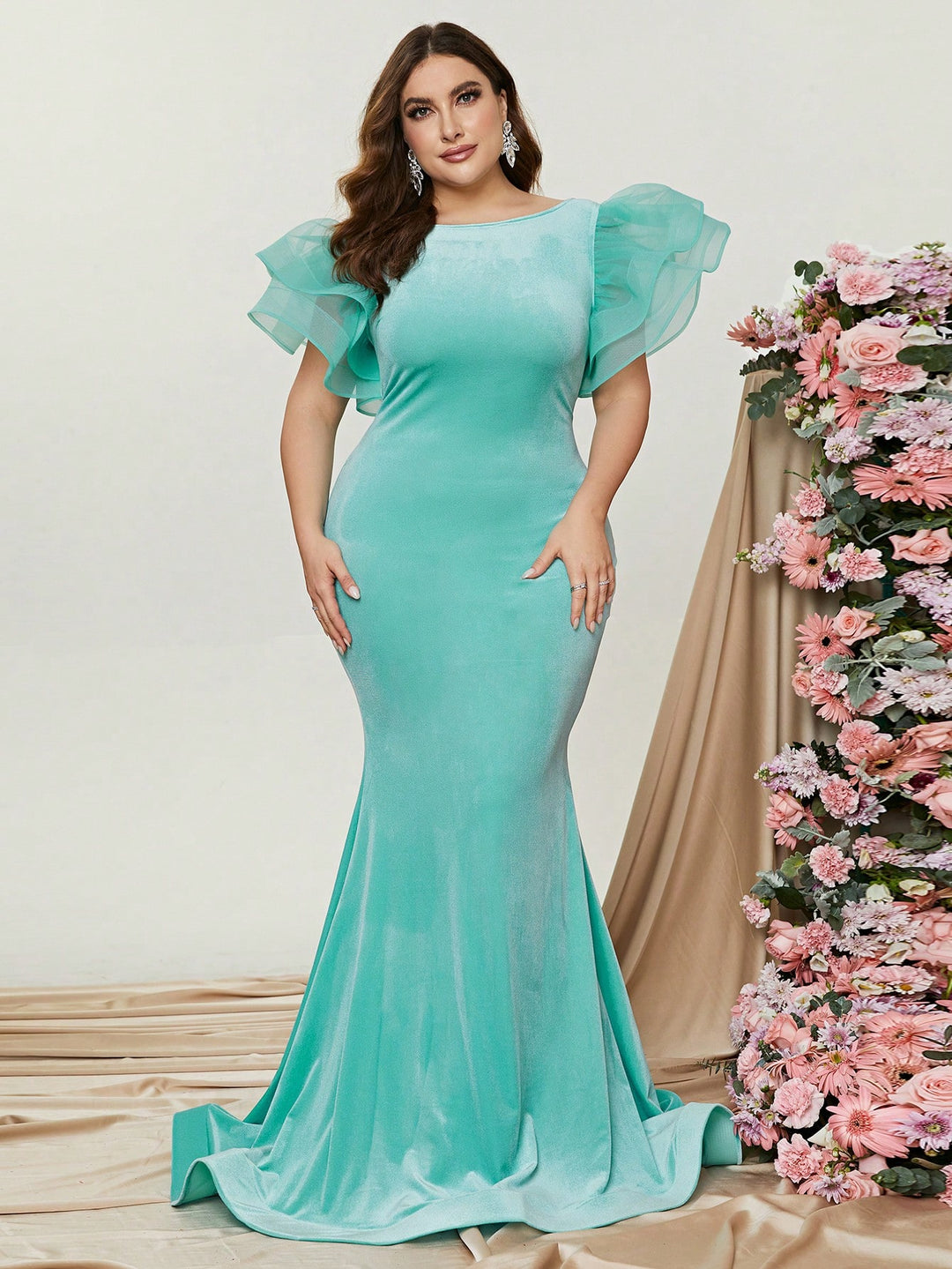 Plus Size Elegant Organza Ruffle Sleeve Velvet Mermaid Dresses