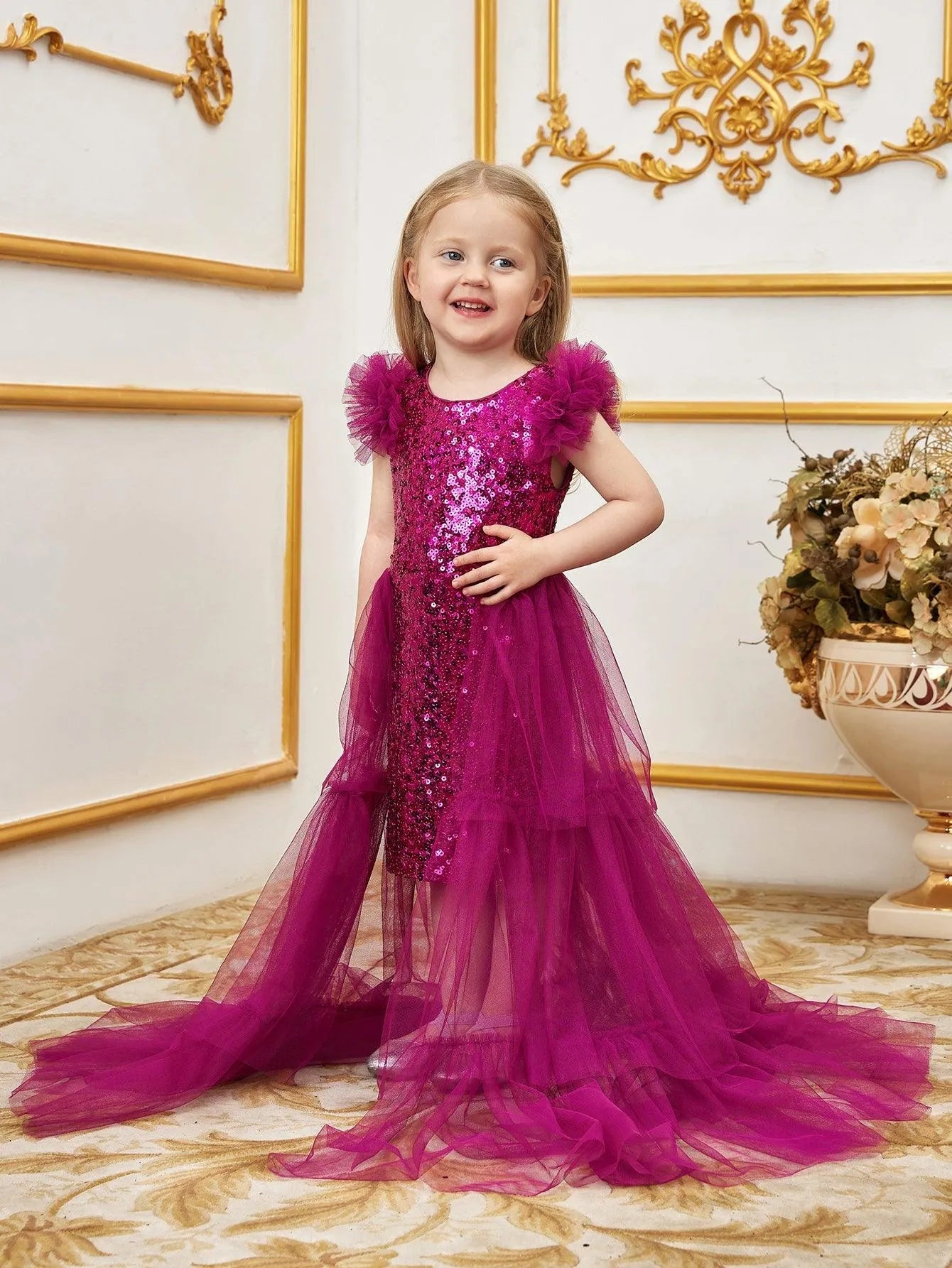 Young Girls' Sleeveless Mesh Layered Hem Sequin Party Dress, Hot Pink / 6Y