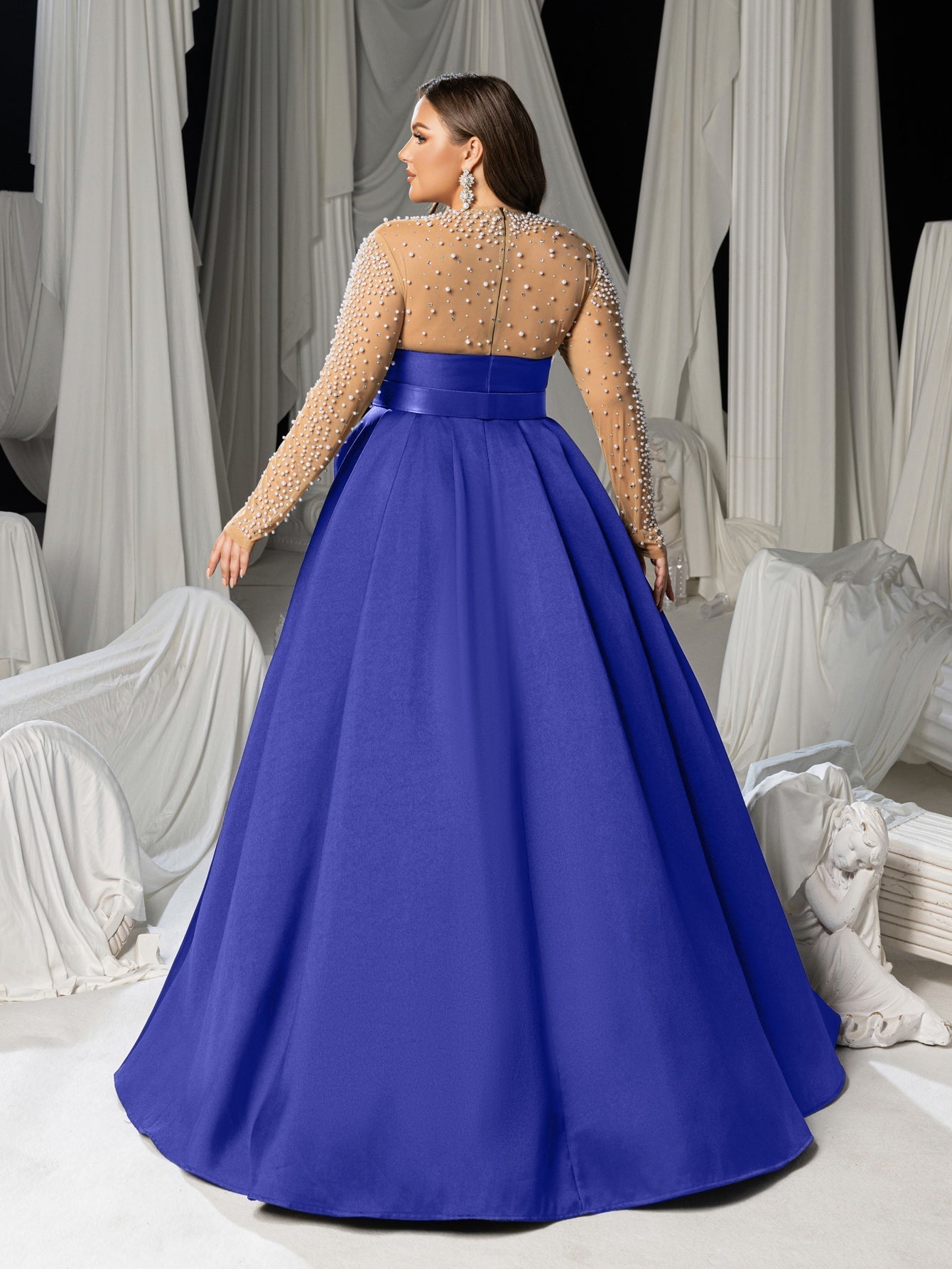Plus Size Pearl Decoration Sheer Sleeves Satin Evening Gown - Formal Royal Blue / 3XL Plus Size Pearl Decoration Sheer Sleeves Satin Evening Gown - Formal Royal Blue / 3XL