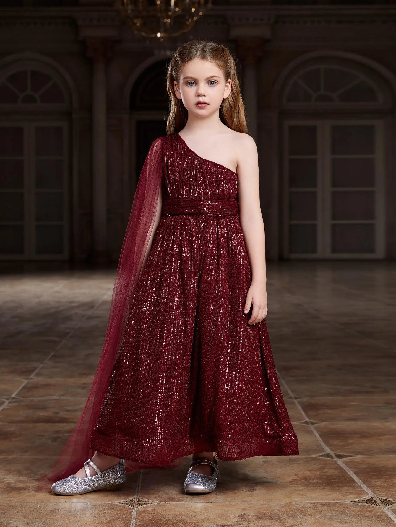 Tween Girls' One Shoulder Draped Side Sequin Prom Dress Burgundy / 12Y Tween Girls' One Shoulder Draped Side Sequin Prom Dress Burgundy / 12Y