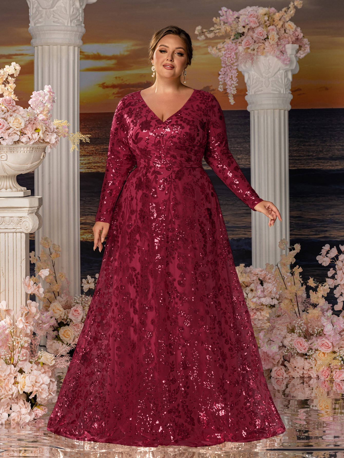 Plus Womens' Elegant V-Neck Evening Gown with Delicate Lace & Silver Embroidery – Long Flowing Skirt for Seaside Weddings & Romantic Beach Events