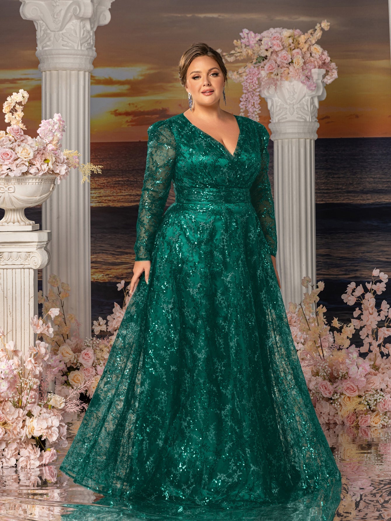 Plus Womens' Elegant Lace & Sequin Evening Gown - V-Neck Long Sleeve Design with Cinched Waist & Flowing A-Line Skirt for Coastal Weddings, Luxury Evening Events