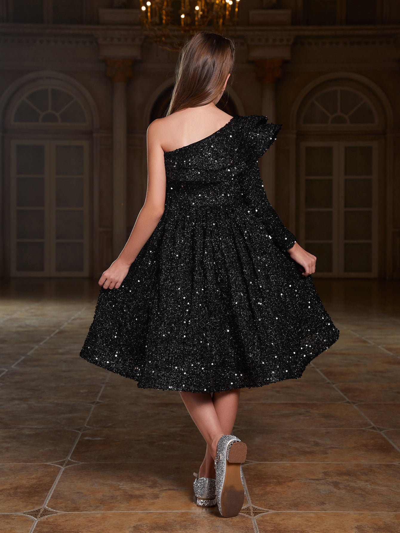 Girl's One Shoulder Layered Ruffle Trim Sequin Party Dress