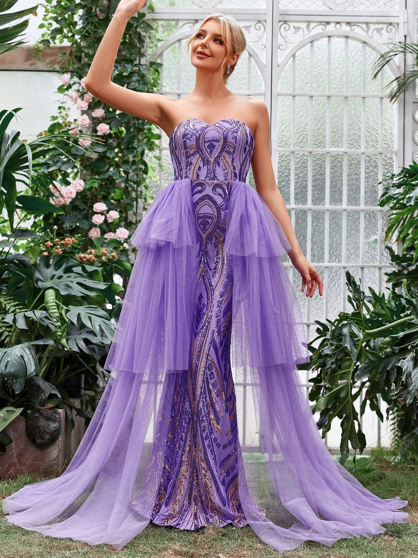 Mesh Overlay Sequin Mermaid Tube Dress Purple / M