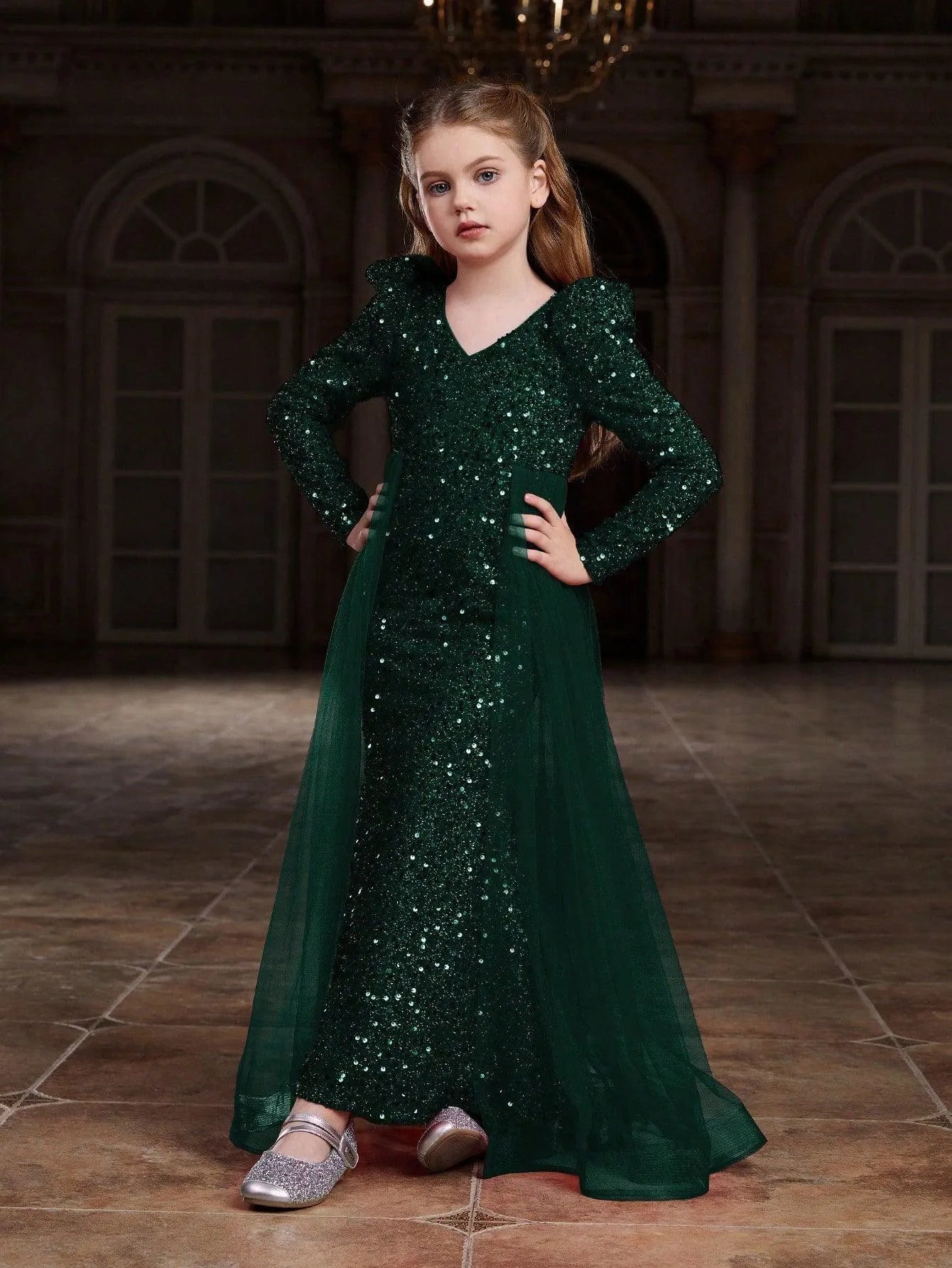 girls long sleeve sequin dress Shiny Sequin Long Sleeve Plus Size Girls Dress Eva Tutu Party Gown with Puffy Skirt and Bow for Special Occasions 4Y