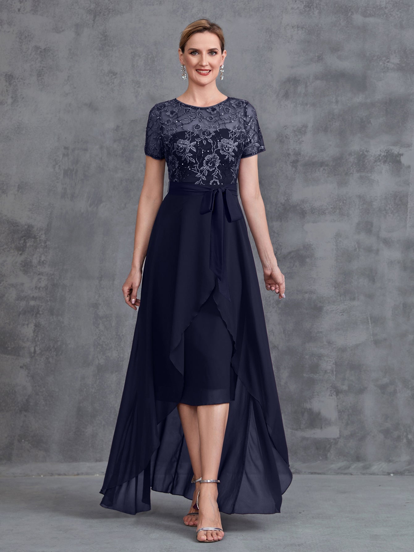 Womens' Elegant Mother-of-the-Bride Gown: Embroidered Sequin Bodice with Asymmetric Chiffon Skirt – Formal Dress for Beach Weddings & Evening Galas