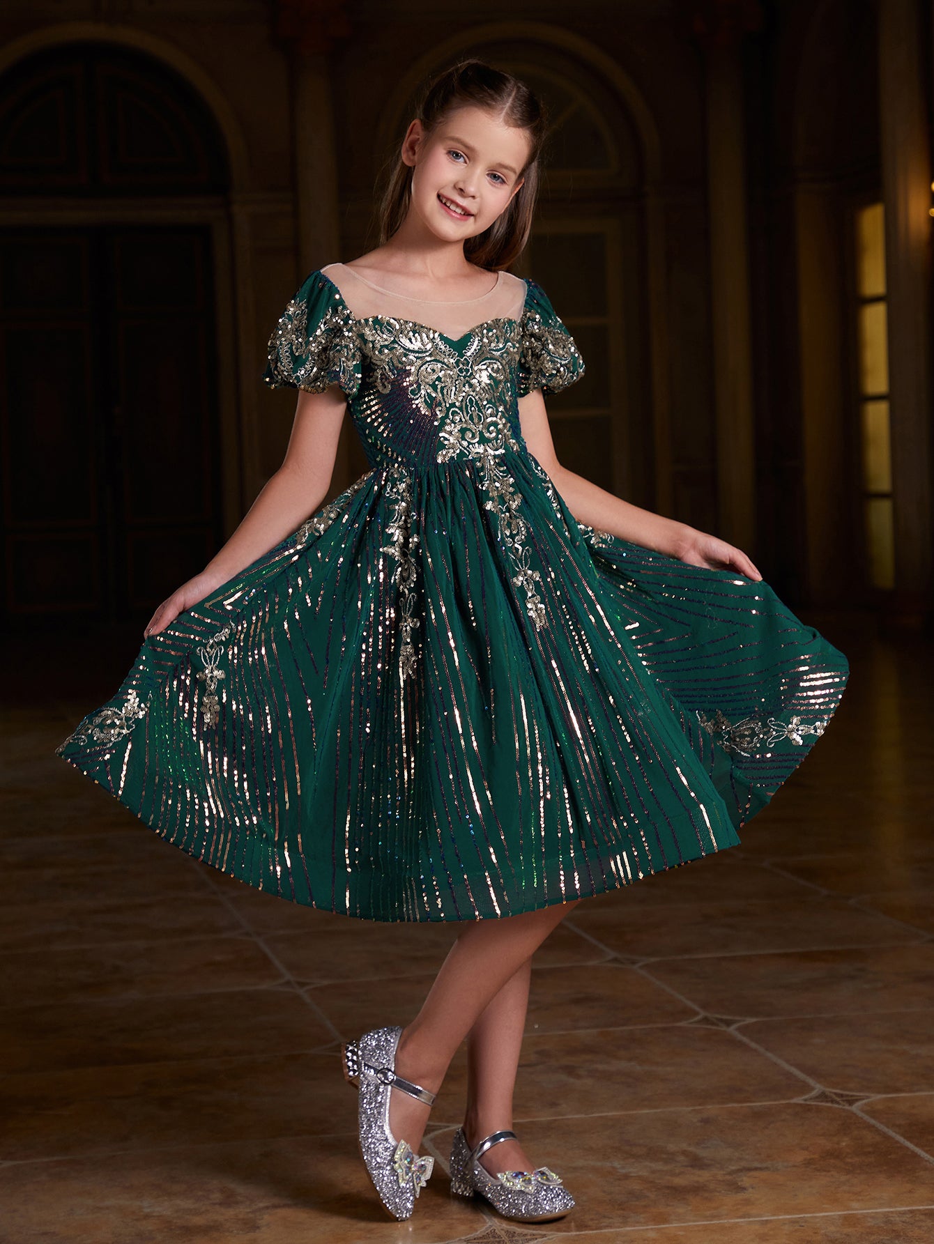 Girl's Puff Sleeve Graphic Sequin Party Dress