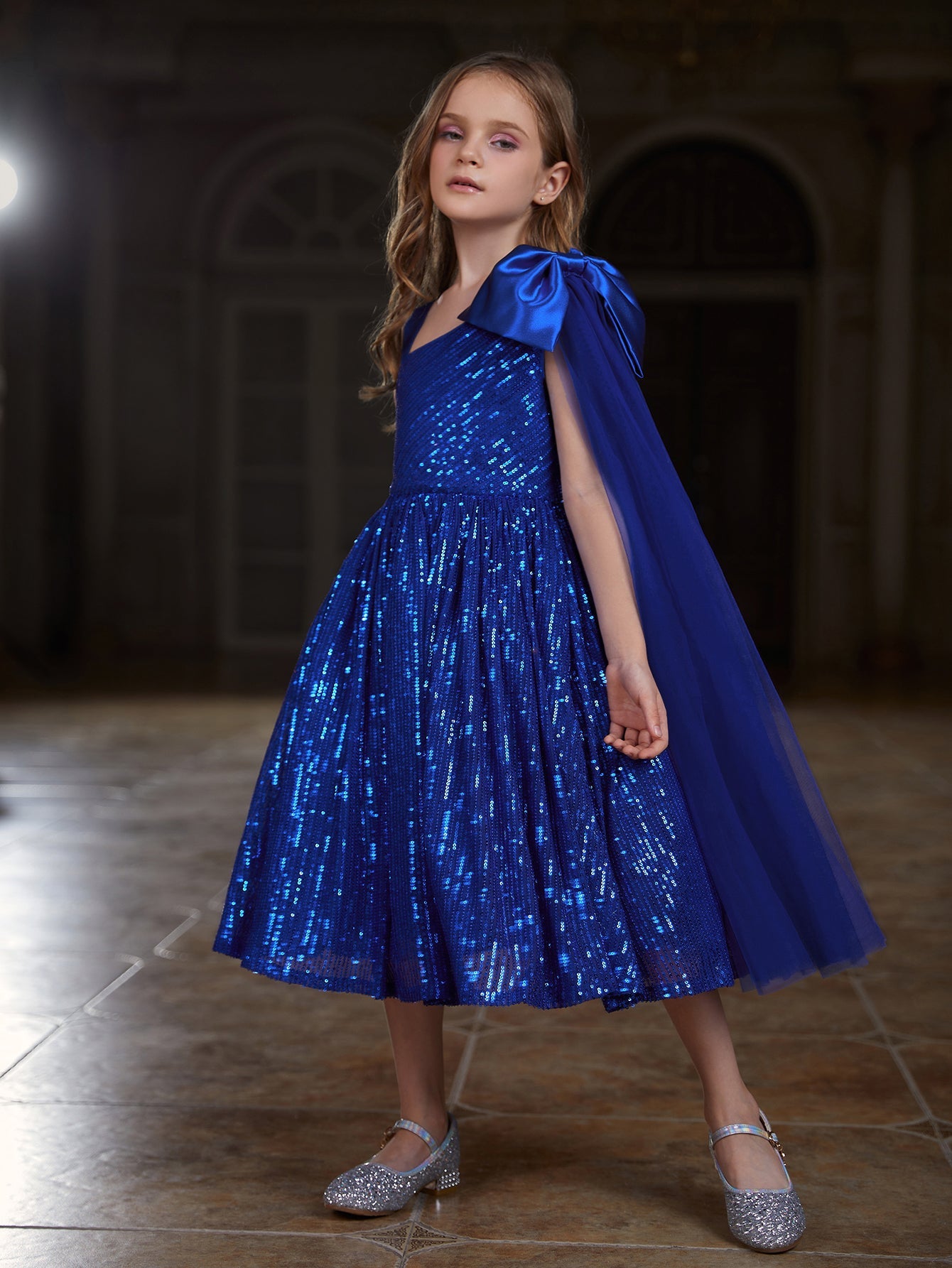 Girl's Bow Detail Draped Side Sequin Midi Dress Burgundy / 8Y