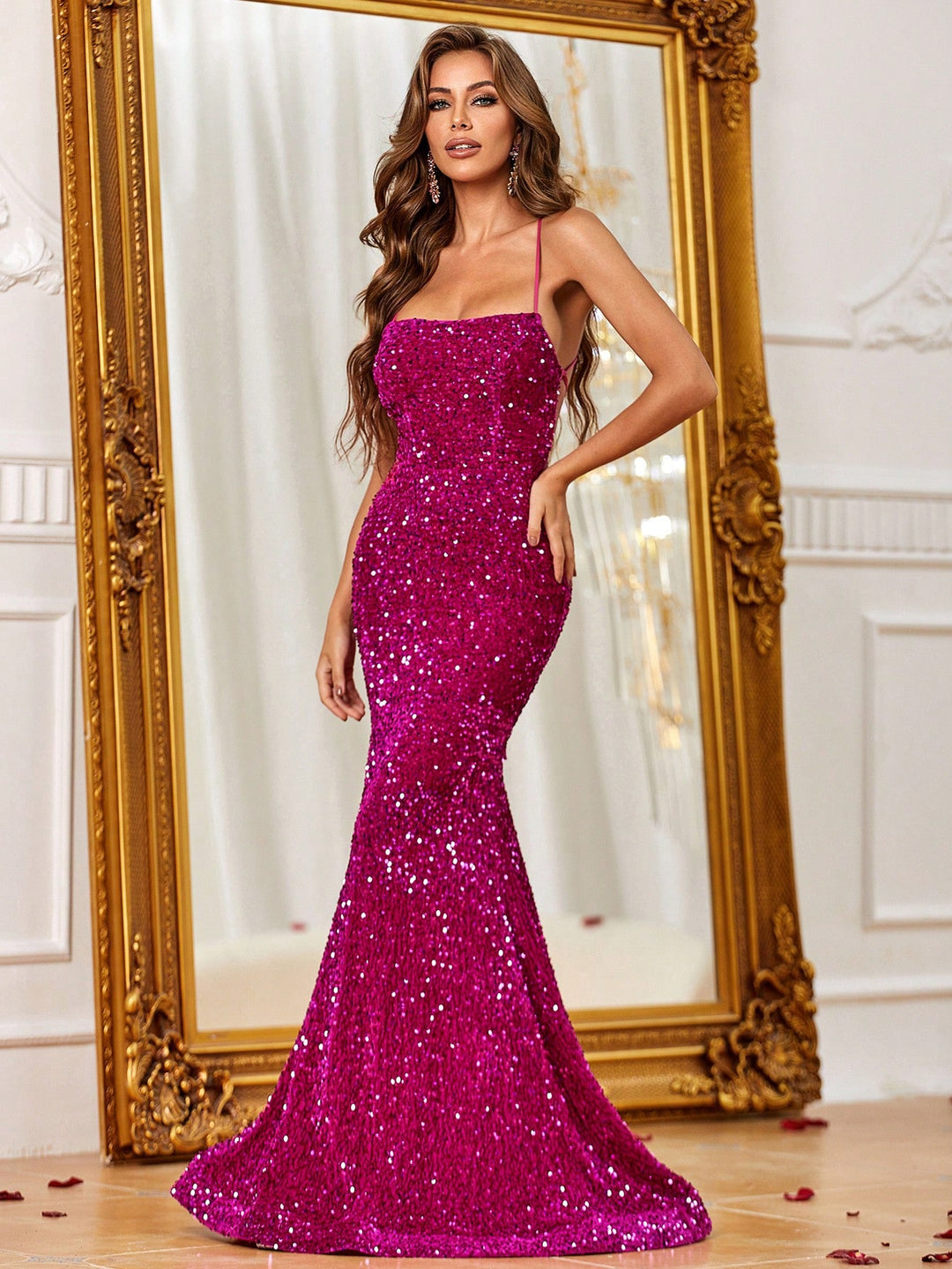 Spaghetti Strap Lace Up Back Sequin Mermaid Dress