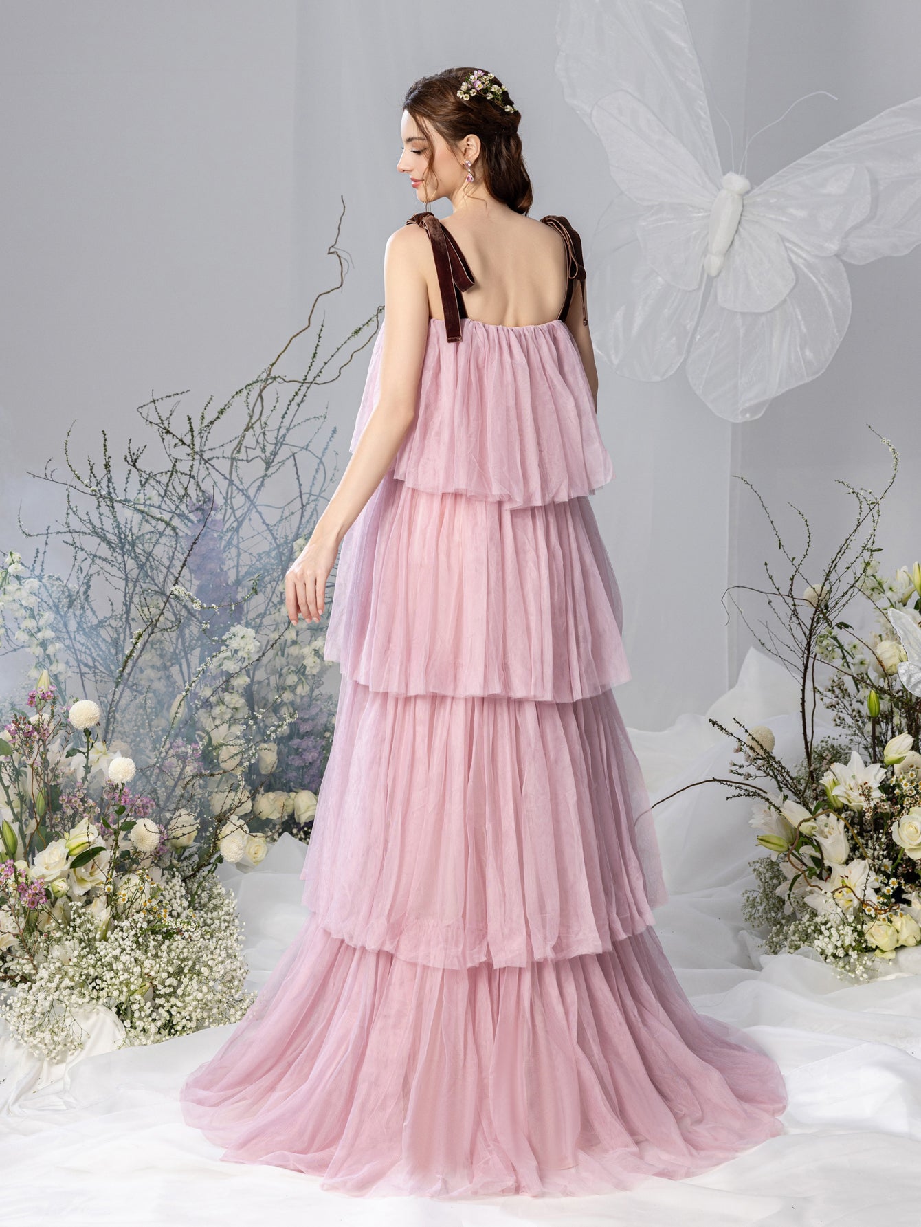 Maternity Tie Shoulder Layered Mesh Party Dress Photography Dress Pink / XL Maternity Tie Shoulder Layered Mesh Party Dress Photography Dress Pink / XL