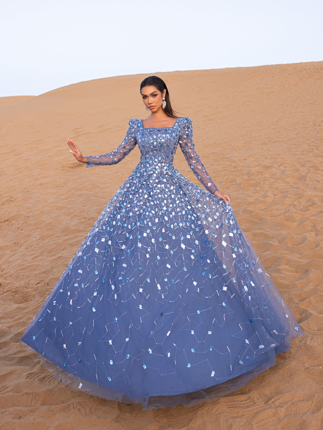 beaded sequin evening dresses Green Formal Dress 07031 Full Length Sleeve Style Luxury Gorgeous Square Collar Long